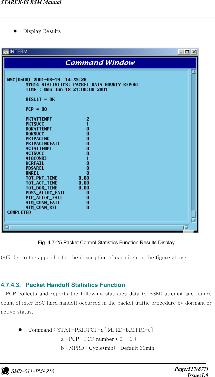 STAREX-IS BSM Manual     Page:517(877)Issue:1.0SMD-011-PMA210    Display Results   Fig. 4.7-25 Packet Control Statistics Function Results Display (*)Refer to the appendix for the description of each item in the figure above.   4.7.4.3.   Packet Handoff Statistics Function PCP  collects  and  reports  the  following  statistics  data  to  BSM:  attempt  and  failure count of inter BSC hard handoff occurred in the packet traffic procedure by dormant or active status.    Command : STAT-PKH:PCP=a[,MPRD=b,MTIM=c];       a : PCP : PCP number ( 0 ~ 2 )       b : MPRD : Cycle(min) : Default 30min 