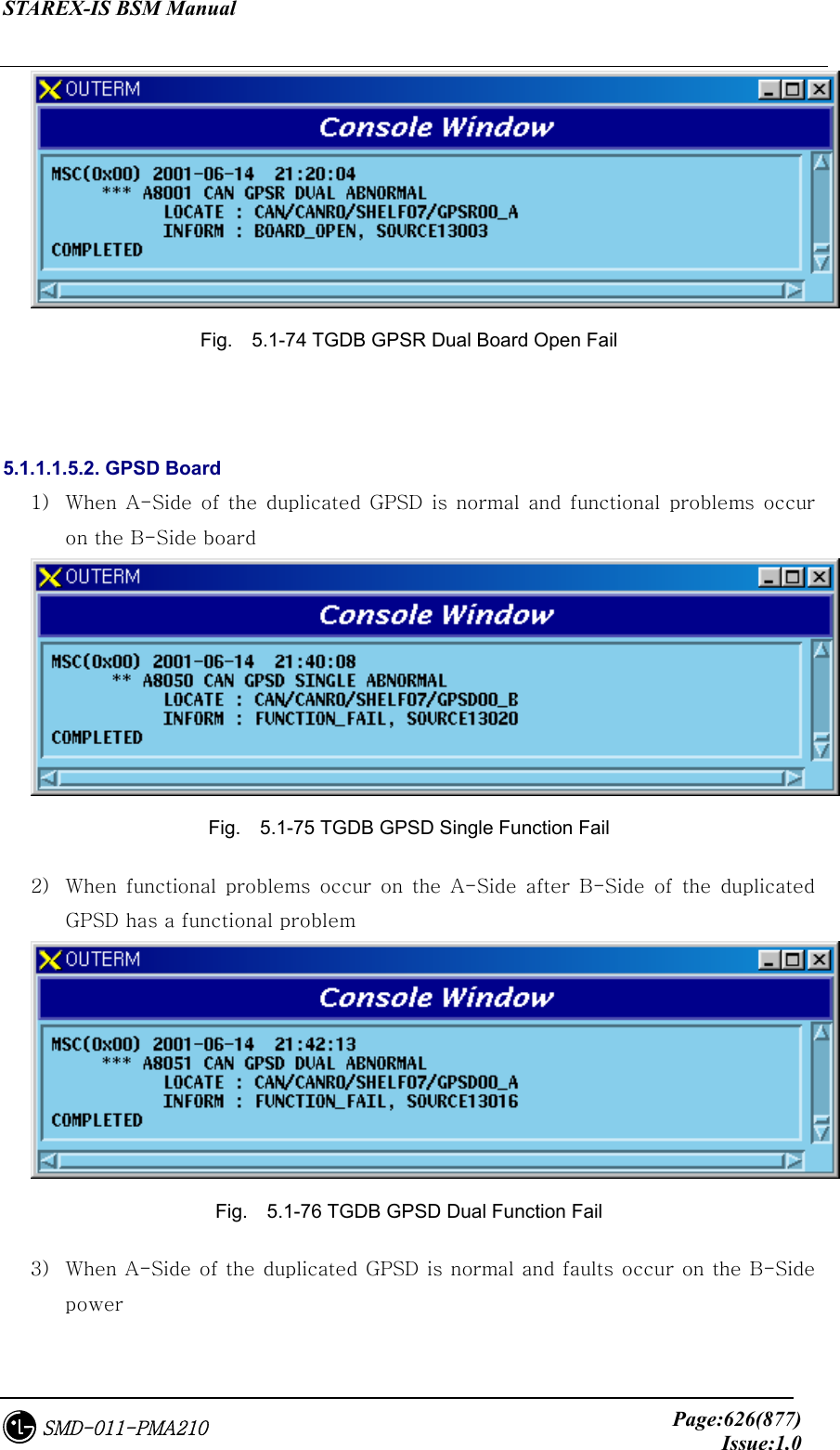 STAREX-IS BSM Manual     Page:626(877)Issue:1.0SMD-011-PMA210  Fig.    5.1-74 TGDB GPSR Dual Board Open Fail   5.1.1.1.5.2. GPSD Board 1)  When  A-Side  of  the  duplicated  GPSD  is  normal  and  functional  problems  occur on the B-Side board  Fig.    5.1-75 TGDB GPSD Single Function Fail 2)  When  functional  problems  occur  on  the  A-Side  after  B-Side  of the duplicated GPSD has a functional problem  Fig.    5.1-76 TGDB GPSD Dual Function Fail 3)  When A-Side of the duplicated GPSD is normal and faults occur on the B-Side power 