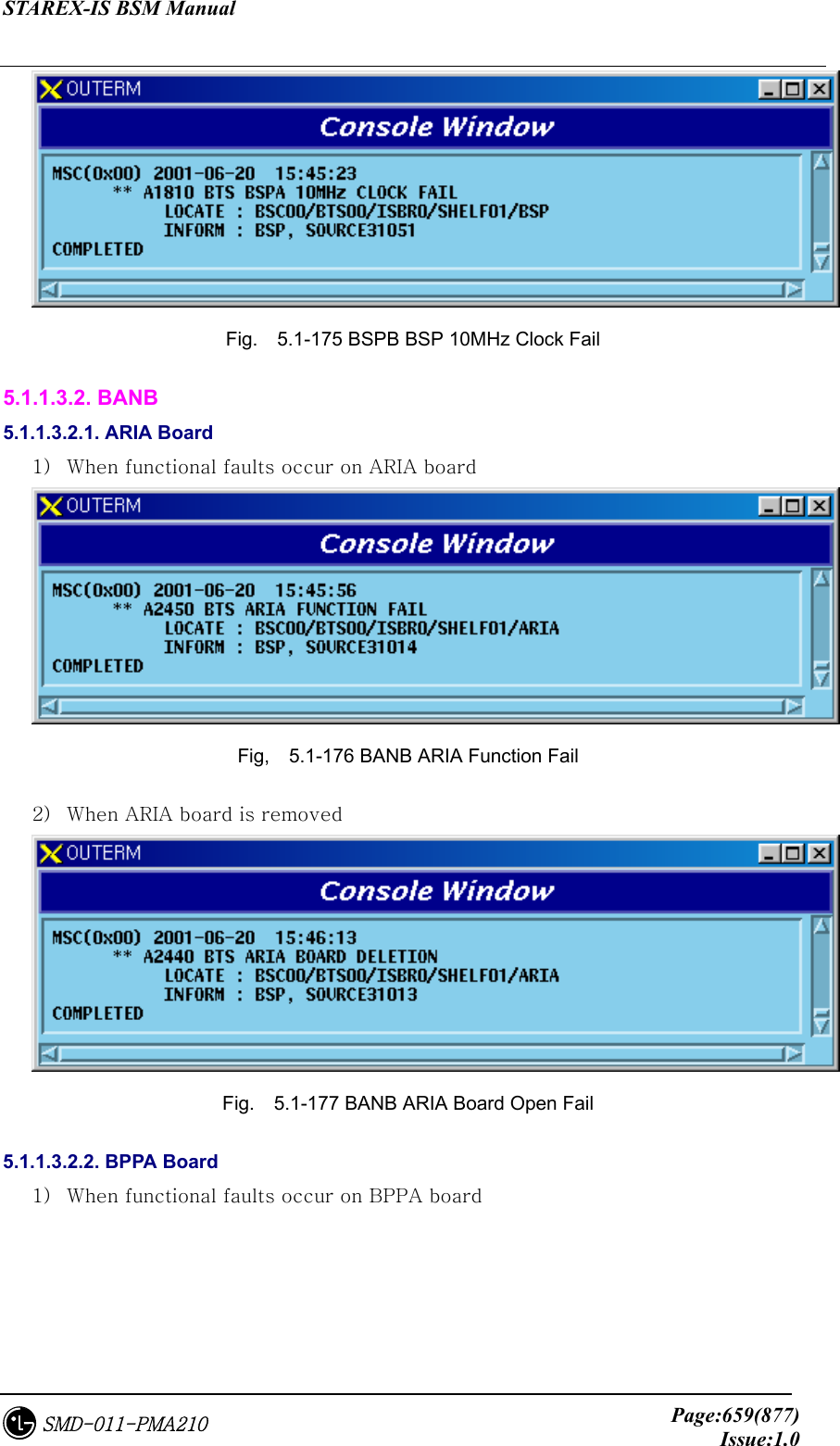 STAREX-IS BSM Manual     Page:659(877)Issue:1.0SMD-011-PMA210    Fig.    5.1-175 BSPB BSP 10MHz Clock Fail 5.1.1.3.2. BANB 5.1.1.3.2.1. ARIA Board 1)  When functional faults occur on ARIA board    Fig,    5.1-176 BANB ARIA Function Fail 2)  When ARIA board is removed  Fig.    5.1-177 BANB ARIA Board Open Fail 5.1.1.3.2.2. BPPA Board 1)  When functional faults occur on BPPA board 