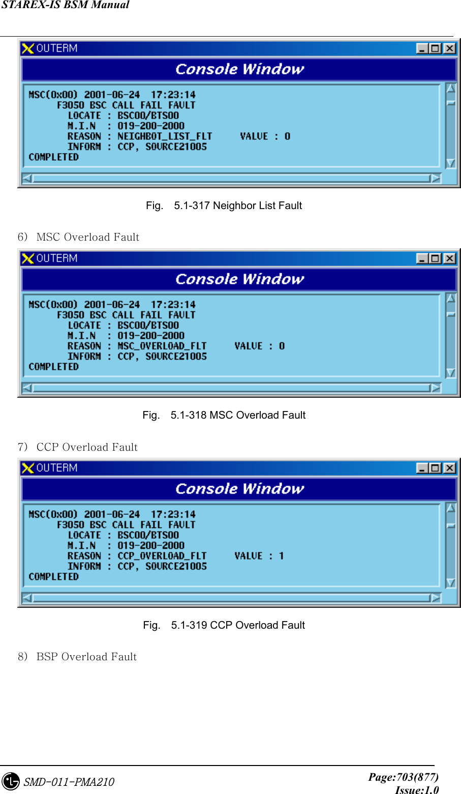 STAREX-IS BSM Manual     Page:703(877)Issue:1.0SMD-011-PMA210  Fig.    5.1-317 Neighbor List Fault 6)  MSC Overload Fault  Fig.    5.1-318 MSC Overload Fault 7)  CCP Overload Fault  Fig.    5.1-319 CCP Overload Fault 8)  BSP Overload Fault 