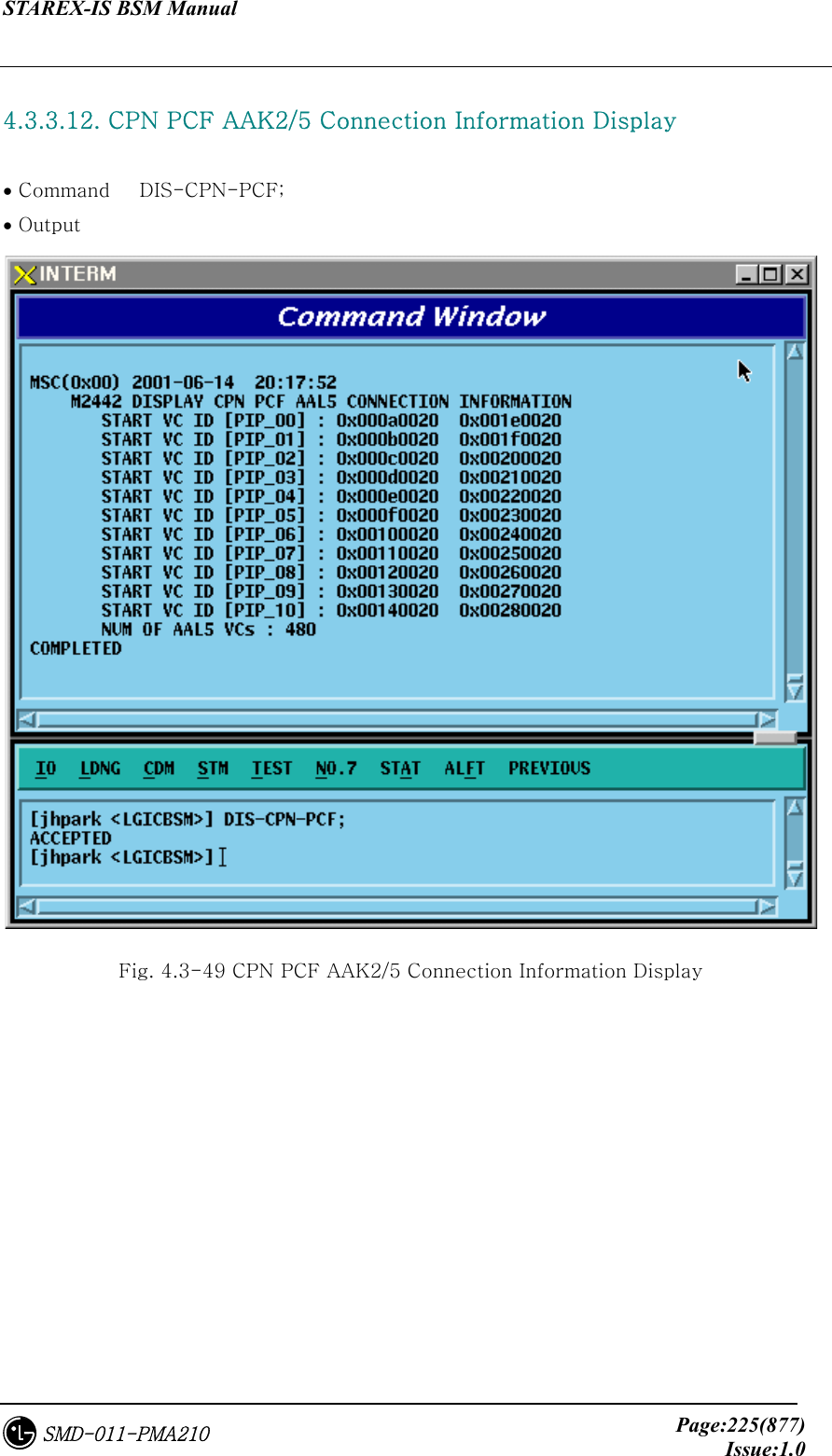 STAREX-IS BSM Manual     Page:225(877)Issue:1.0SMD-011-PMA210  4.3.3.12. CPN PCF AAK2/5 Connection Information Display  • Command   DIS-CPN-PCF; • Output  Fig. 4.3-49 CPN PCF AAK2/5 Connection Information Display 