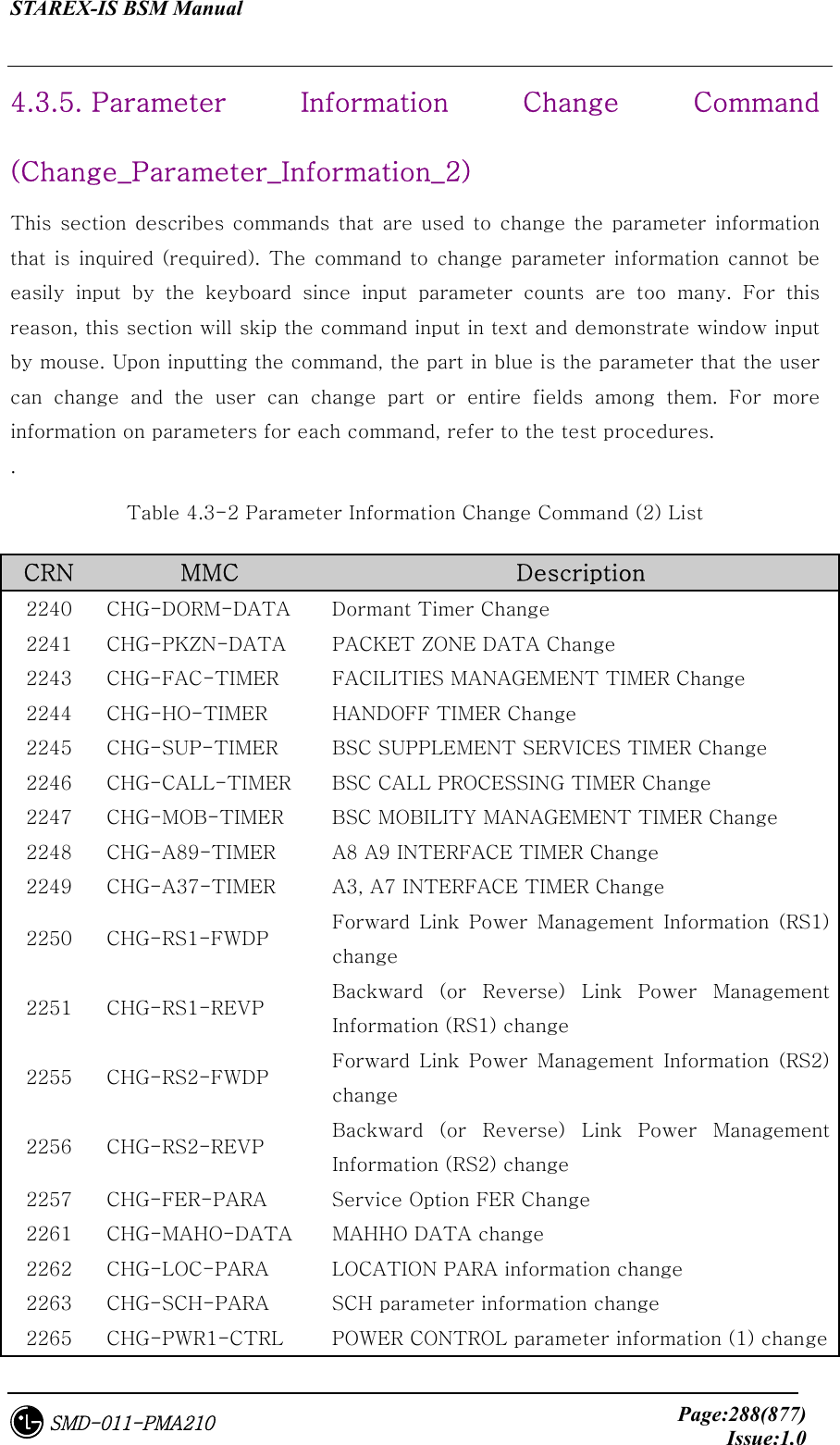 STAREX-IS BSM Manual     Page:288(877)Issue:1.0SMD-011-PMA210 4.3.5. Parameter  Information  Change  Command (Change_Parameter_Information_2) This section  describes  commands  that  are  used  to  change the  parameter  information that is  inquired (required). The  command  to  change  parameter  information cannot be easily input by the keyboard since input parameter counts are too  many.  For  this reason, this section will skip the command input in text and demonstrate window input by mouse. Upon inputting the command, the part in blue is the parameter that the user can  change  and  the  user  can  change  part  or  entire  fields  among  them.  For  more information on parameters for each command, refer to the test procedures.  . Table 4.3-2 Parameter Information Change Command (2) List CRN  MMC  Description 2240  CHG-DORM-DATA  Dormant Timer Change 2241  CHG-PKZN-DATA  PACKET ZONE DATA Change 2243  CHG-FAC-TIMER  FACILITIES MANAGEMENT TIMER Change 2244  CHG-HO-TIMER  HANDOFF TIMER Change 2245  CHG-SUP-TIMER  BSC SUPPLEMENT SERVICES TIMER Change 2246  CHG-CALL-TIMER  BSC CALL PROCESSING TIMER Change 2247  CHG-MOB-TIMER  BSC MOBILITY MANAGEMENT TIMER Change 2248  CHG-A89-TIMER  A8 A9 INTERFACE TIMER Change 2249  CHG-A37-TIMER  A3, A7 INTERFACE TIMER Change 2250  CHG-RS1-FWDP  Forward  Link  Power  Management  Information  (RS1) change   2251  CHG-RS1-REVP  Backward (or Reverse) Link  Power  Management Information (RS1) change   2255  CHG-RS2-FWDP  Forward  Link  Power  Management  Information  (RS2) change 2256  CHG-RS2-REVP  Backward (or Reverse) Link  Power  Management Information (RS2) change 2257  CHG-FER-PARA  Service Option FER Change 2261  CHG-MAHO-DATA  MAHHO DATA change 2262  CHG-LOC-PARA  LOCATION PARA information change 2263  CHG-SCH-PARA  SCH parameter information change 2265  CHG-PWR1-CTRL  POWER CONTROL parameter information (1) change   