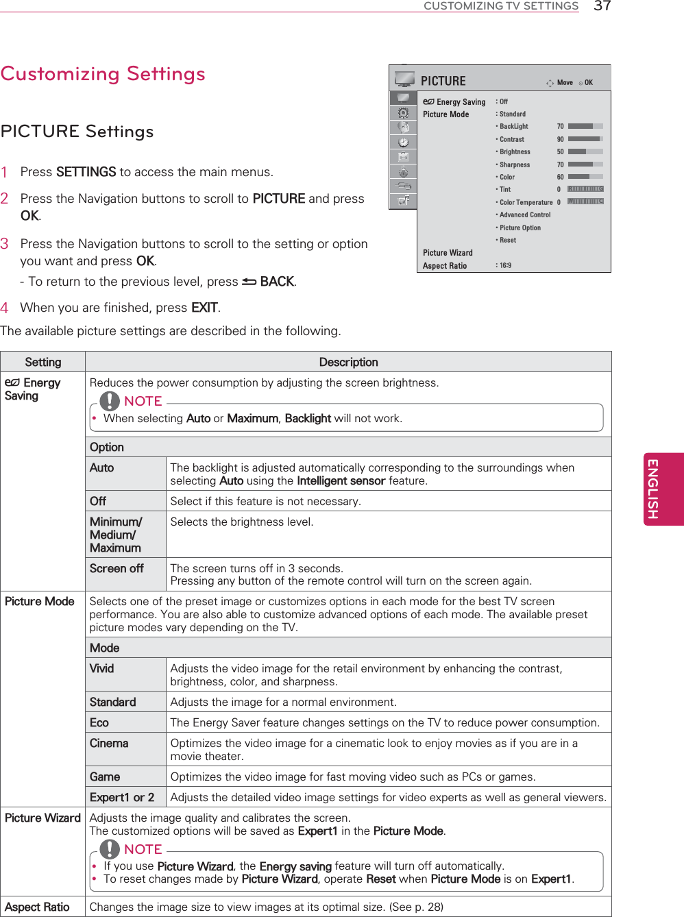 ENGLISH37CUSTOMIZING TV SETTINGSCustomizing SettingsPICTURE Settings1 3UHVV6(77,1*6WRDFFHVVWKHPDLQPHQXV2 3UHVVWKH1DYLJDWLRQEXWWRQVWRVFUROOWR3,&amp;785(DQGSUHVV2.3 3UHVVWKH1DYLJDWLRQEXWWRQVWRVFUROOWRWKHVHWWLQJRURSWLRQ\RXZDQWDQGSUHVV2.7RUHWXUQWRWKHSUHYLRXVOHYHOSUHVV %$&amp;.4 :KHQ\RXDUHILQLVKHGSUHVV(;,77KHDYDLODEOHSLFWXUHVHWWLQJVDUHGHVFULEHGLQWKHIROORZLQJ6HWWLQJ &apos;HVFULSWLRQ廜(QHUJ\6DYLQJ5HGXFHVWKHSRZHUFRQVXPSWLRQE\DGMXVWLQJWKHVFUHHQEULJKWQHVVy :KHQVHOHFWLQJ$XWRRU0D[LPXP%DFNOLJKWZLOOQRWZRUN NOTE2SWLRQ$XWR 7KHEDFNOLJKWLVDGMXVWHGDXWRPDWLFDOO\FRUUHVSRQGLQJWRWKHVXUURXQGLQJVZKHQVHOHFWLQJ$XWRXVLQJWKH,QWHOOLJHQWVHQVRUIHDWXUH2II 6HOHFWLIWKLVIHDWXUHLVQRWQHFHVVDU\0LQLPXP0HGLXP0D[LPXP6HOHFWVWKHEULJKWQHVVOHYHO6FUHHQRII 7KHVFUHHQWXUQVRIILQVHFRQGV3UHVVLQJDQ\EXWWRQRIWKHUHPRWHFRQWUROZLOOWXUQRQWKHVFUHHQDJDLQ3LFWXUH0RGH 6HOHFWVRQHRIWKHSUHVHWLPDJHRUFXVWRPL]HVRSWLRQVLQHDFKPRGHIRUWKHEHVW79VFUHHQSHUIRUPDQFH&lt;RXDUHDOVRDEOHWRFXVWRPL]HDGYDQFHGRSWLRQVRIHDFKPRGH7KHDYDLODEOHSUHVHWSLFWXUHPRGHVYDU\GHSHQGLQJRQWKH790RGH9LYLG $GMXVWVWKHYLGHRLPDJHIRUWKHUHWDLOHQYLURQPHQWE\HQKDQFLQJWKHFRQWUDVWEULJKWQHVVFRORUDQGVKDUSQHVV6WDQGDUG $GMXVWVWKHLPDJHIRUDQRUPDOHQYLURQPHQW(FR 7KH(QHUJ\6DYHUIHDWXUHFKDQJHVVHWWLQJVRQWKH79WRUHGXFHSRZHUFRQVXPSWLRQ&amp;LQHPD 2SWLPL]HVWKHYLGHRLPDJHIRUDFLQHPDWLFORRNWRHQMR\PRYLHVDVLI\RXDUHLQDPRYLHWKHDWHU*DPH 2SWLPL]HVWKHYLGHRLPDJHIRUIDVWPRYLQJYLGHRVXFKDV3&amp;VRUJDPHV([SHUWRU $GMXVWVWKHGHWDLOHGYLGHRLPDJHVHWWLQJVIRUYLGHRH[SHUWVDVZHOODVJHQHUDOYLHZHUV3LFWXUH:L]DUG $GMXVWVWKHLPDJHTXDOLW\DQGFDOLEUDWHVWKHVFUHHQ7KHFXVWRPL]HGRSWLRQVZLOOEHVDYHGDV([SHUWLQWKH3LFWXUH0RGHy ,I\RXXVH3LFWXUH:L]DUGWKH(QHUJ\VDYLQJIHDWXUHZLOOWXUQRIIDXWRPDWLFDOO\y 7RUHVHWFKDQJHVPDGHE\3LFWXUH:L]DUGRSHUDWH5HVHWZKHQ3LFWXUH0RGHLVRQ([SHUW NOTE$VSHFW5DWLR &amp;KDQJHVWKHLPDJHVL]HWRYLHZLPDJHVDWLWVRSWLPDOVL]H6HHS3,&amp;785(ᰚ   ! &quot;#$ %#  &amp;#&apos; &quot;#$( )#* # RG$(*+&apos; #WC,$(&apos;-./,&apos;- 0)%0RYH 2.