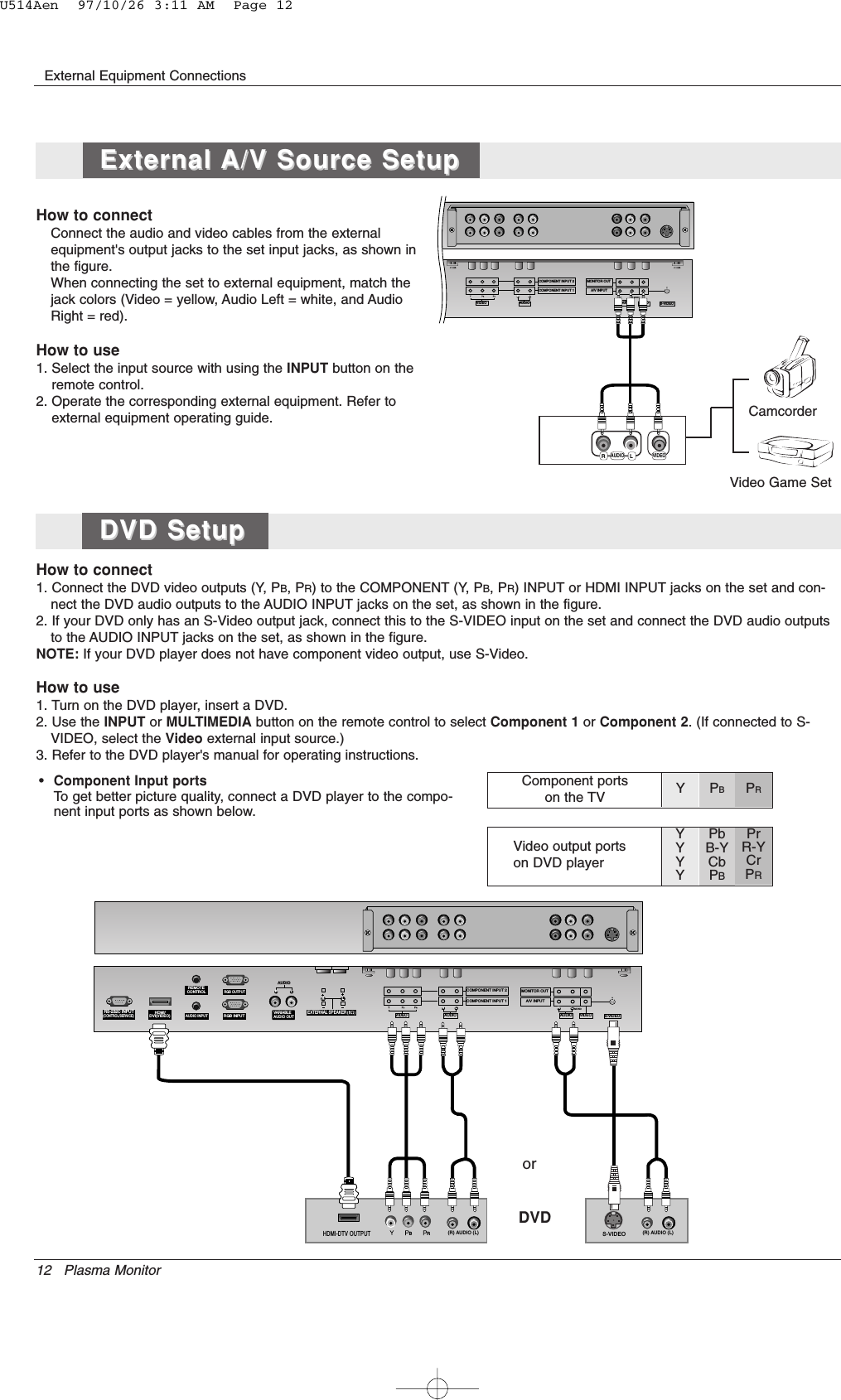 12 Plasma MonitorExternal Equipment Connections•Component Input portsTo get better picture quality, connect a DVD player to the compo-nent input ports as shown below.How to connectConnect the audio and video cables from the externalequipment&apos;s output jacks to the set input jacks, as shown inthe figure. When connecting the set to external equipment, match thejack colors (Video = yellow, Audio Left = white, and AudioRight = red).How to use1. Select the input source with using the INPUT button on theremote control.2. Operate the corresponding external equipment. Refer toexternal equipment operating guide.Component ports on the TV Y PBPRVideo output ports on DVD playerYYYYPbB-YCbPBPrR-YCrPRHow to connect1. Connect the DVD video outputs (Y, PB, PR) to the COMPONENT (Y, PB, PR) INPUT or HDMI INPUT jacks on the set and con-nect the DVD audio outputs to the AUDIO INPUT jacks on the set, as shown in the figure.2. If your DVD only has an S-Video output jack, connect this to the S-VIDEO input on the set and connect the DVD audio outputsto the AUDIO INPUT jacks on the set, as shown in the figure.NOTE: If your DVD player does not have component video output, use S-Video.How to use1. Turn on the DVD player, insert a DVD.2. Use the INPUT or MULTIMEDIA button on the remote control to select Component 1 or Component 2. (If connected to S-VIDEO, select the Video external input source.)3. Refer to the DVD player&apos;s manual for operating instructions.AUDIO VARIABLE AUDIO OUTS-VIDEOCOMPONENT INPUT 2COMPONENT INPUT 1AUDIOVIDEORLAUDIO VIDEORMONITOR OUTA/V INPUTLMONORLAUDIO VIDEORS-232C INPUT(CONTROL/SERVICE)AUDIO AUDIO LR REMOTECONTROLAUDIO INPUTRGB INPUT     HDMI/DVI(VIDEO)RGB OUTPUTS-VIDEOCOMPONENT INPUT 2COMPONENT INPUT 1AUDIOVIDEORLAUDIO VIDEORMONITOR OUTA/V INPUTLMONOVARIABLEAUDIO OUT    EXTERNAL SPEAKERRLBR(R) AUDIO (L) (R) AUDIO (L)S-VIDEOHDMI-DTV OUTPUTDVDorCamcorderVideo Game SetExternal External A/V Source SetupA/V Source SetupDVD SetupDVD SetupU514Aen  97/10/26 3:11 AM  Page 12