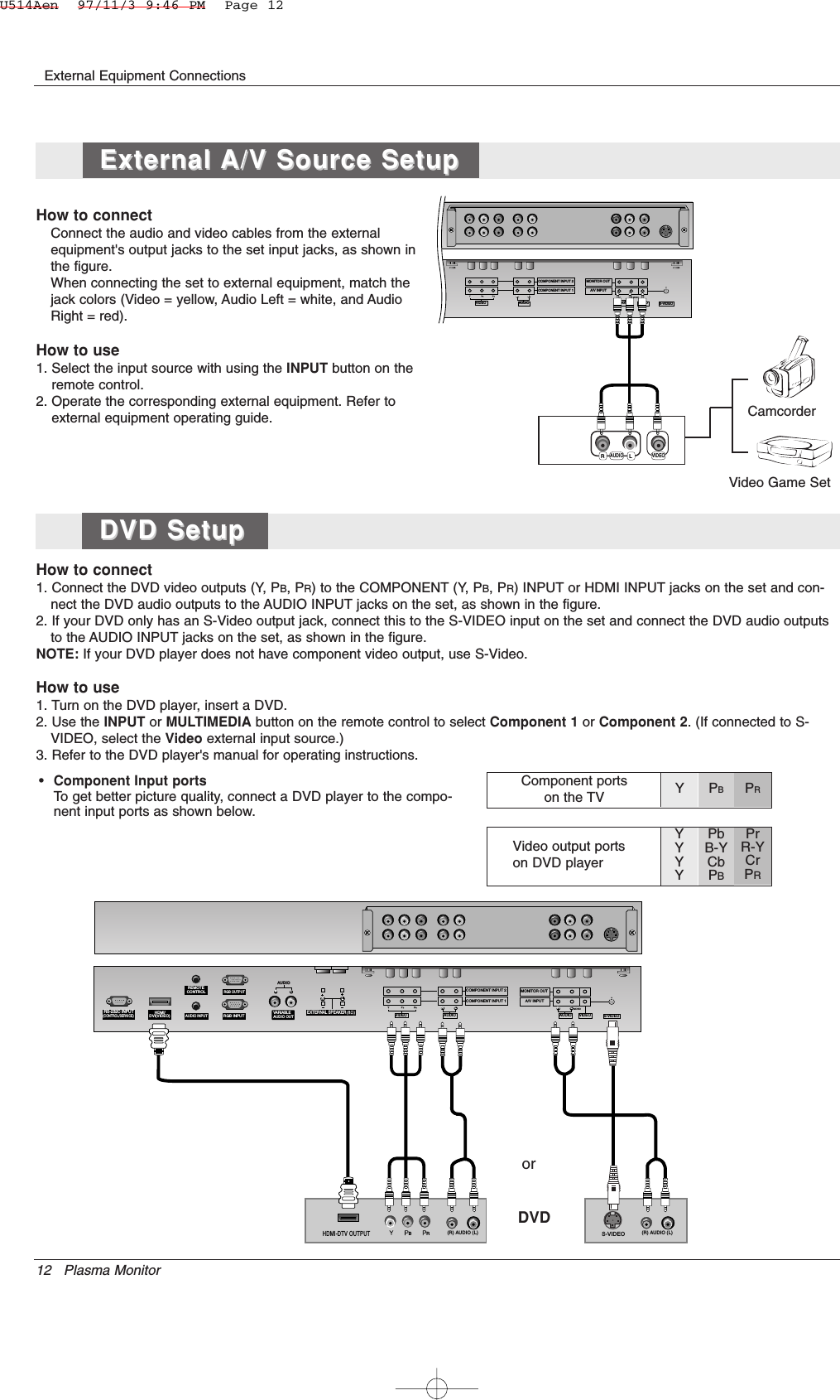 12 Plasma MonitorExternal Equipment Connections•Component Input portsTo get better picture quality, connect a DVD player to the compo-nent input ports as shown below.How to connectConnect the audio and video cables from the externalequipment&apos;s output jacks to the set input jacks, as shown inthe figure. When connecting the set to external equipment, match thejack colors (Video = yellow, Audio Left = white, and AudioRight = red).How to use1. Select the input source with using the INPUT button on theremote control.2. Operate the corresponding external equipment. Refer toexternal equipment operating guide.Component ports on the TV Y PBPRVideo output ports on DVD playerYYYYPbB-YCbPBPrR-YCrPRHow to connect1. Connect the DVD video outputs (Y, PB, PR) to the COMPONENT (Y, PB, PR) INPUT or HDMI INPUT jacks on the set and con-nect the DVD audio outputs to the AUDIO INPUT jacks on the set, as shown in the figure.2. If your DVD only has an S-Video output jack, connect this to the S-VIDEO input on the set and connect the DVD audio outputsto the AUDIO INPUT jacks on the set, as shown in the figure.NOTE: If your DVD player does not have component video output, use S-Video.How to use1. Turn on the DVD player, insert a DVD.2. Use the INPUT or MULTIMEDIA button on the remote control to select Component 1 or Component 2. (If connected to S-VIDEO, select the Video external input source.)3. Refer to the DVD player&apos;s manual for operating instructions.AUDIO VARIABLE AUDIO OUTS-VIDEOCOMPONENT INPUT 2COMPONENT INPUT 1AUDIOVIDEORLAUDIO VIDEORMONITOR OUTA/V INPUTLMONORLAUDIO VIDEORS-232C INPUT(CONTROL/SERVICE)AUDIO AUDIO LR REMOTECONTROLAUDIO INPUTRGB INPUT     HDMI/DVI(VIDEO)RGB OUTPUTS-VIDEOCOMPONENT INPUT 2COMPONENT INPUT 1AUDIOVIDEORLAUDIO VIDEORMONITOR OUTA/V INPUTLMONOVARIABLEAUDIO OUT    EXTERNAL SPEAKERRLBR(R) AUDIO (L) (R) AUDIO (L)S-VIDEOHDMI-DTV OUTPUTDVDorCamcorderVideo Game SetExternal External A/V Source SetupA/V Source SetupDVD SetupDVD SetupU514Aen  97/11/3 9:46 PM  Page 12