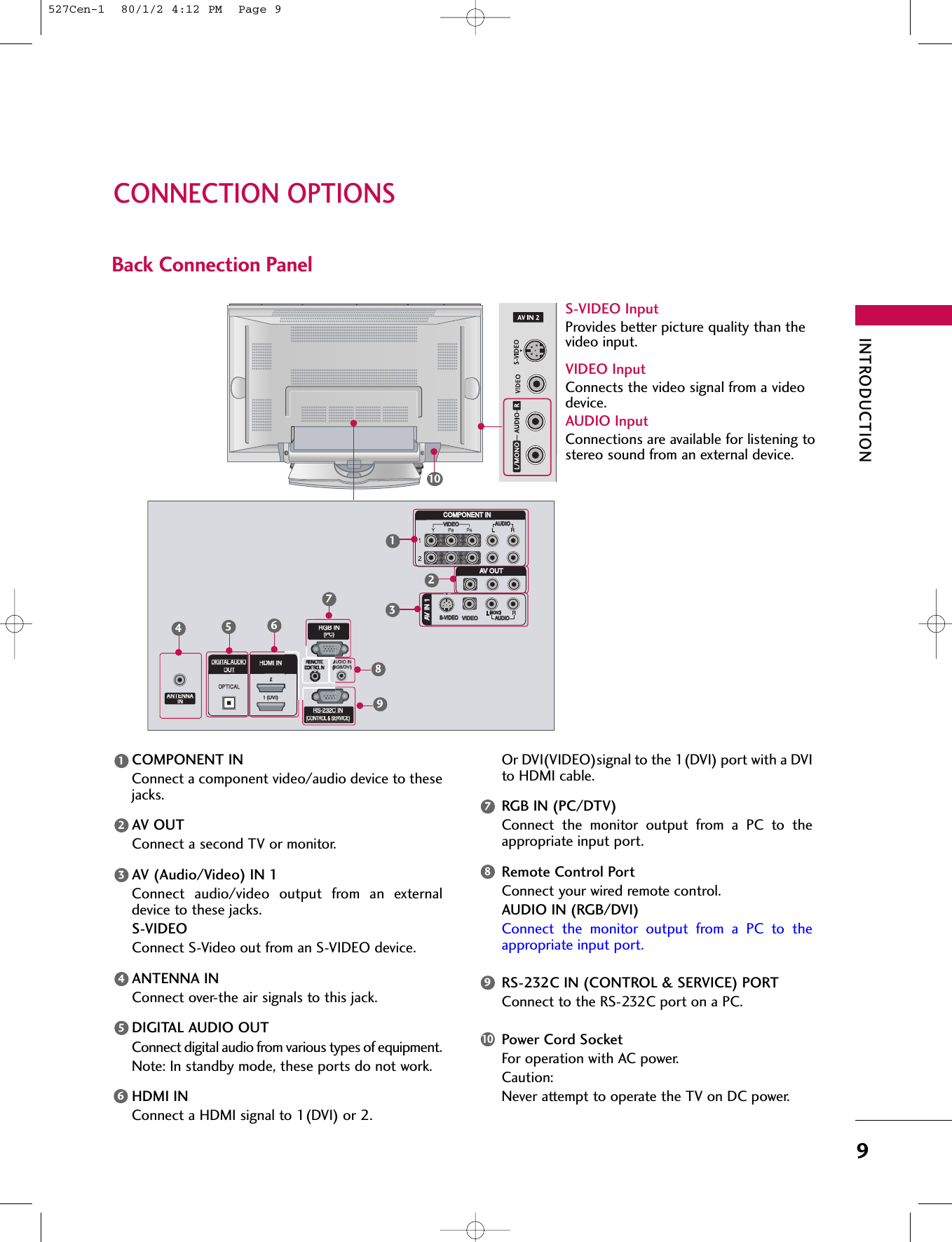 INTRODUCTION9CONNECTION OPTIONSBack Connection PanelVIDEOAUDIOVIDEOAUDIO(            )S-VIDEOAV IN 1AV OUTCOMPONENT INDIGITAL AUDIOOUTOHDMI IN21 (DVI)VIDEOVIDEOAUDIOAUDIOVIDEOVIDEOAUDIOAUDIOMONO(                        )S-VIDEOS-VIDEOAV IN 1AV IN 1AV OUTAV OUTANTENNAINRS-232C IN(CONTROL &amp; SERVICE)RGB IN(PC)COMPONENT INCOMPONENT INS-VIDEO InputProvides better picture quality than thevideo input.VIDEO InputConnects the video signal from a videodevice.AUDIO InputConnections are available for listening tostereo sound from an external device.COMPONENT INConnect a component video/audio device to thesejacks.AV OUTConnect a second TV or monitor.AV (Audio/Video) IN 1  Connect  audio/video  output  from  an  externaldevice to these jacks.S-VIDEO Connect S-Video out from an S-VIDEO device.ANTENNA INConnect over-the air signals to this jack.DIGITAL AUDIO OUTConnect digital audio from various types of equipment. Note: In standby mode, these ports do not work.HDMI INConnect a HDMI signal to 1(DVI) or 2.Or DVI(VIDEO)signal to the 1(DVI) port with a DVIto HDMI cable.RGB IN (PC/DTV)Connect  the  monitor  output  from  a  PC  to  theappropriate input port.Remote Control PortConnect your wired remote control.AUDIO IN (RGB/DVI)Connect  the  monitor  output  from  a  PC  to  theappropriate input port.RS-232C IN (CONTROL &amp; SERVICE) PORTConnect to the RS-232C port on a PC.Power Cord SocketFor operation with AC power. Caution: Never attempt to operate the TV on DC power.1241678910234556783910527Cen-1  80/1/2 4:12 PM  Page 9