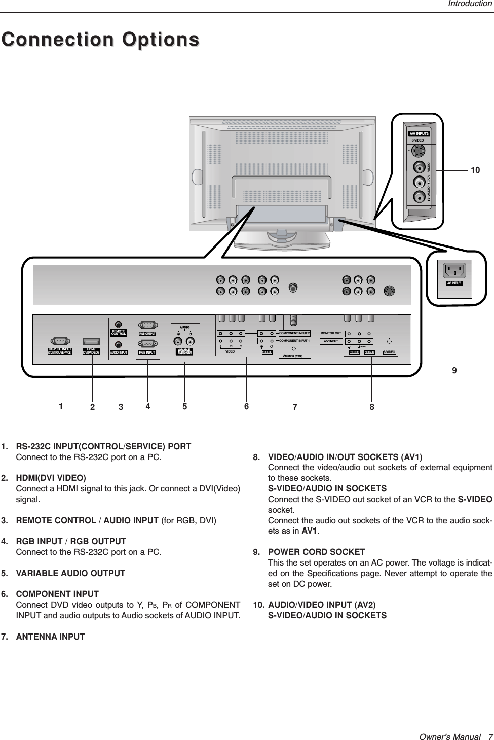 Owner’s Manual   7IntroductionConnection OptionsConnection OptionsS-VIDEOVIDEOAUDIORL/MONOA/V INPUT2A/V INPUT2AC INPUTRS-232C INPUT(CONTROL/SERVICE)AUDIO LR REMOTECONTROLAUDIO INPUTRGB INPUTVARIABLE ARIABLE AUDIO OUTAUDIO OUT     HDMI/DVI(VIDEO)RGB OUTPUTAntennaS-VIDEOCOMPONENT INPUT 2COMPONENT INPUT 1AUDIOVIDEORLAUDIO VIDEORMONITOR OUTA/V INPUTLMONO152 3 6897101. RS-232C INPUT(CONTROL/SERVICE) PORTConnect to the RS-232C port on a PC.2. HDMI(DVI VIDEO)Connect a HDMI signal to this jack. Or connect a DVI(Video)signal.3. REMOTE CONTROL / AUDIO INPUT (for RGB, DVI)4. RGB INPUT / RGB OUTPUTConnect to the RS-232C port on a PC.5. VARIABLE AUDIO OUTPUT6. COMPONENT INPUTConnect DVD video outputs to Y, PB, PRof COMPONENTINPUT and audio outputs to Audio sockets of AUDIO INPUT.7. ANTENNA INPUT8. VIDEO/AUDIO IN/OUT SOCKETS (AV1)Connect the video/audio out sockets of external equipmentto these sockets.S-VIDEO/AUDIO IN SOCKETS Connect the S-VIDEO out socket of an VCR to the S-VIDEOsocket. Connect the audio out sockets of the VCR to the audio sock-ets as in AV1.9. POWER CORD SOCKETThis the set operates on an AC power. The voltage is indicat-ed on the Specifications page. Never attempt to operate theset on DC power.10. AUDIO/VIDEO INPUT (AV2)S-VIDEO/AUDIO IN SOCKETS4