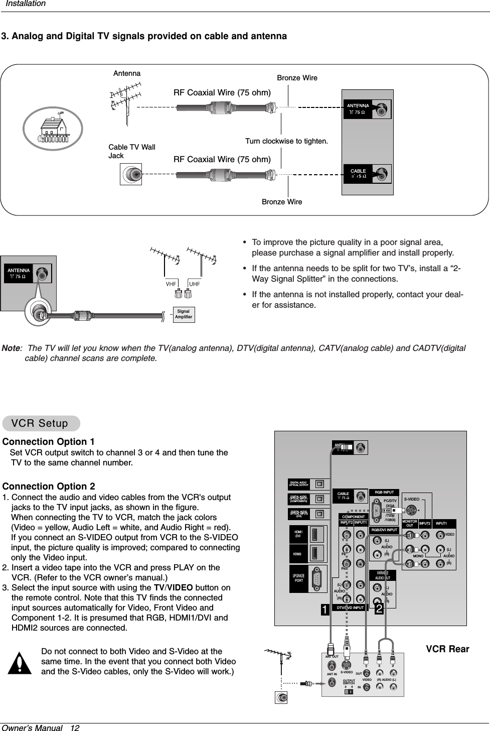 Owner’s Manual   12Note:  The TV will let you know when the TV(analog antenna), DTV(digital antenna), CATV(analog cable) and CADTV(digitalcable) channel scans are complete.•To improve the picture quality in a poor signal area,please purchase a signal amplifier and install properly.•If the antenna needs to be split for two TV’s, install a “2-Way Signal Splitter” in the connections.•If the antenna is not installed properly, contact your deal-er for assistance.ANTENNASignalAmplifier3. Analog and Digital TV signals provided on cable and antennaAntennaRF Coaxial Wire (75 ohm)Bronze WireTurn clockwise to tighten.Cable TV WallJack RF Coaxial Wire (75 ohm)ANTENNACABLEConnection Option 1Set VCR output switch to channel 3 or 4 and then tune theTV to the same channel number.Connection Option 21. Connect the audio and video cables from the VCR&apos;s outputjacks to the TV input jacks, as shown in the figure. When connecting the TV to VCR, match the jack colors(Video = yellow, Audio Left = white, and Audio Right = red).If you connect an S-VIDEO output from VCR to the S-VIDEOinput, the picture quality is improved; compared to connectingonly the Video input.2. Insert a video tape into the VCR and press PLAY on theVCR. (Refer to the VCR owner’s manual.) 3. Select the input source with using the TV/VIDEO button onthe remote control. Note that this TV finds the connectedinput sources automatically for Video, Front Video andComponent 1-2. It is presumed that RGB, HDMI1/DVI andHDMI2 sources are connected.Do not connect to both Video and S-Video at thesame time. In the event that you connect both Videoand the S-Video cables, only the S-Video will work.)VCR SetupVCR SetupPC/DTV(XGA/480p/720p/1080i)S-VIDEOPR PBYMONORGB INPUTCOMPONENTINPUT2 INPUT1DTV/DVD INPUTRGB/DVI INPUT(L)(R)AUDIO (L)(R)AUDIOVIDEO(L)(R)AUDIO(L)(R)AUDIOMONITOROUT INPUT2 INPUT1DIGITAL AUDIOOPTICAL INPUT1(COMPONENT2)DIGITAL AUDIOOPTICAL INPUT2(DVI)DIGITAL AUDIO OPTICAL OUTPUTANTENNA HDMI1/DVI VARIABLEAUDIO OUT HDMI2UPGRADEPORTCABLES-VIDEO OUTIN(R) AUDIO (L)VIDEO34OUTPUTSWITCHANT OUTANT INVCR Rear12Bronze WireInstallation