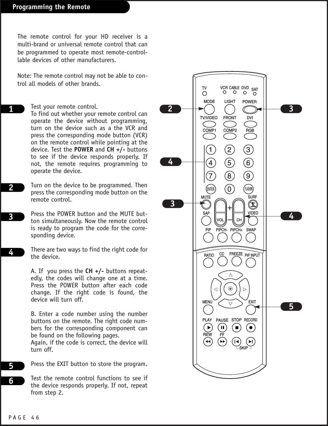 PAGE 46Programming the RemoteTest your remote control.To find out whether your remote control canoperate the device without programming,turn on the device such as a the VCR andpress the corresponding mode button (VCR)on the remote control while pointing at thedevice. Test the POWER and CH +/- buttonsto see if the device responds properly. Ifnot, the remote requires programming tooperate the device.Turn on the device to be programmed. Thenpress the corresponding mode button on theremote control.Press the POWER button and the MUTE but-ton simultaneously. Now the remote controlis ready to program the code for the corre-sponding device.There are two ways to find the right code forthe device.A. If  you press the CH +/- buttons repeat-edly, the codes will change one at a time.Press the POWER button after each codechange. If the right code is found, thedevice will turn off.B. Enter a code number using the numberbuttons on the remote. The right code num-bers for the corresponding component canbe found on the following pages.Again, if the code is correct, the device willturn off.Press the EXIT button to store the program.Test the remote control functions to see ifthe device responds properly. If not, repeatfrom step 2.11234567890TVMODE LIGHT POWER   TV/VIDEO DVIRGBVCRCABLEDVD SATMUTESWAPPIPCH- PIPCH+PIPRATIORECORDSTOPPAUSEREWPLAYFFMENU EXITCC FREEZEPIP INPUTVOL CHSURFSAP VIDEOCOMP2COMP1FRONTSKIPENTERFLASHBK2 3453234564The remote control for your HD receiver is amulti-brand or universal remote control that canbe programmed to operate most remote-control-lable devices of other manufacturers.Note: The remote control may not be able to con-trol all models of other brands.