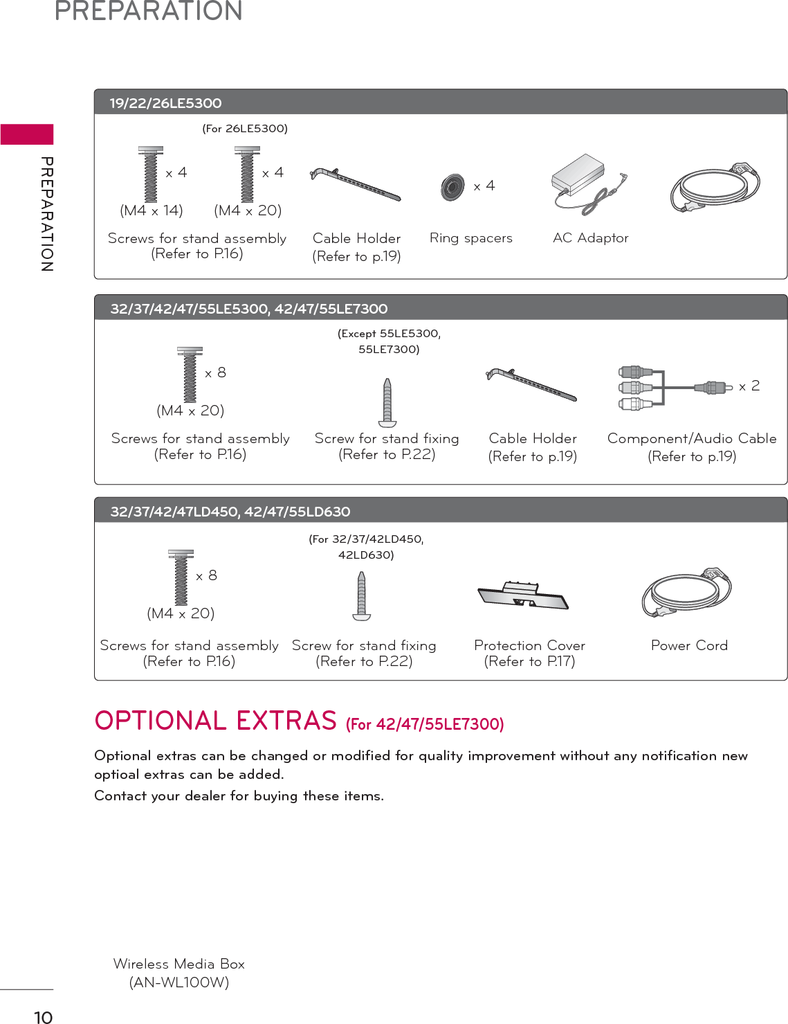PREPARATIONPREPARATION10OPTIONAL EXTRAS (For 42/47/55LE7300)Optional extras can be changed or modified for quality improvement without any notification new optioal extras can be added.Contact your dealer for buying these items.19/22/26LE5300Cable Holder(Refer to p.19)Wireless Media Box(AN-WL100W)Screws for stand assembly(Refer to P.16)x 4 x 4(M4 x 14) (M4 x 20)AC AdaptorRing spacers(For 26LE5300)32/37/42/47LD450, 42/47/55LD630(M4 x 20)Screws for stand assembly(Refer to P.16)Screw for stand fixing(Refer to P.22)x 8Protection Cover(Refer to P.17)(For 32/37/42LD450, 42LD630)x 432/37/42/47/55LE5300, 42/47/55LE7300Cable Holder(Refer to p.19)Component/Audio Cable(Refer to p.19)Screws for stand assembly(Refer to P.16)x 8 x 2(M4 x 20)Screw for stand fixing(Refer to P.22)Power Cord(Except 55LE5300, 55LE7300)