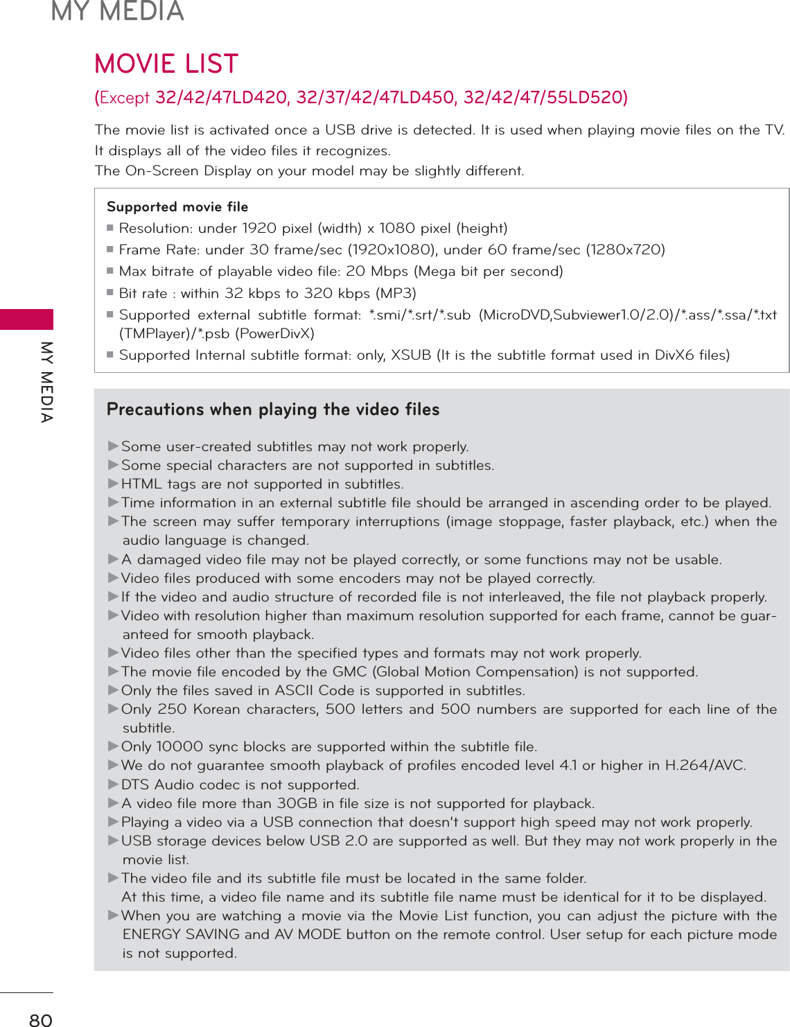 MY MEDIAMY MEDIA80MOVIE LIST (Except 32/42/47LD420, 32/37/42/47LD450, 32/42/47/55LD520)Precautions when playing the video filesŹSome user-created subtitles may not work properly.ŹSome special characters are not supported in subtitles.ŹHTML tags are not supported in subtitles.ŹTime information in an external subtitle file should be arranged in ascending order to be played.ŹThe screen may suffer temporary interruptions (image stoppage, faster playback, etc.) when the audio language is changed.ŹA damaged video file may not be played correctly, or some functions may not be usable.ŹVideo files produced with some encoders may not be played correctly.ŹIf the video and audio structure of recorded file is not interleaved, the file not playback properly.ŹVideo with resolution higher than maximum resolution supported for each frame, cannot be guar-anteed for smooth playback.ŹVideo files other than the specified types and formats may not work properly.ŹThe movie file encoded by the GMC (Global Motion Compensation) is not supported.ŹOnly the files saved in ASCII Code is supported in subtitles.ŹOnly 250 Korean characters, 500 letters and 500 numbers are supported for each line of the subtitle.ŹOnly 10000 sync blocks are supported within the subtitle file.ŹWe do not guarantee smooth playback of profiles encoded level 4.1 or higher in H.264/AVC.ŹDTS Audio codec is not supported.ŹA video file more than 30GB in file size is not supported for playback.ŹPlaying a video via a USB connection that doesn’t support high speed may not work properly.ŹUSB storage devices below USB 2.0 are supported as well. But they may not work properly in the movie list.ŹThe video file and its subtitle file must be located in the same folder.   At this time, a video file name and its subtitle file name must be identical for it to be displayed.ŹWhen you are watching a movie via the Movie List function, you can adjust the picture with the ENERGY SAVING and AV MODE button on the remote control. User setup for each picture mode is not supported.The movie list is activated once a USB drive is detected. It is used when playing movie files on the TV.It displays all of the video files it recognizes.The On-Screen Display on your model may be slightly different.Supported movie fileᯫResolution: under 1920 pixel (width) x 1080 pixel (height)ᯫFrame Rate: under 30 frame/sec (1920x1080), under 60 frame/sec (1280x720)ᯫMax bitrate of playable video file: 20 Mbps (Mega bit per second) ᯫBit rate : within 32 kbps to 320 kbps (MP3)ᯫSupported external subtitle format: *.smi/*.srt/*.sub (MicroDVD,Subviewer1.0/2.0)/*.ass/*.ssa/*.txt (TMPlayer)/*.psb (PowerDivX)ᯫSupported Internal subtitle format: only, XSUB (It is the subtitle format used in DivX6 files)