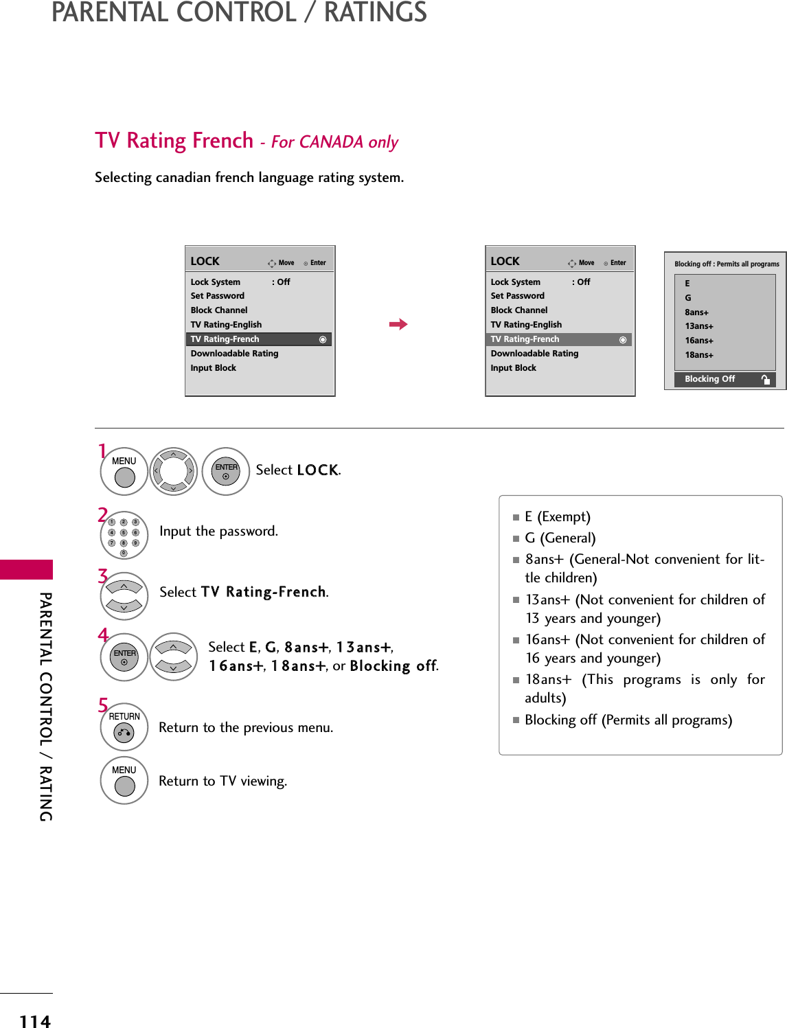 PARENTAL CONTROL / RATING114PARENTAL CONTROL / RATINGSTV Rating French- For CANADA only Selecting canadian french language rating system.EnterMoveLOCKLock System            : OffSet PasswordBlock ChannelTV Rating-EnglishTV Rating-FrenchDownloadable RatingInput BlockSelect TTVV  RRaattiinngg--FFrreenncchh.Select EE, GG, 88aannss++, 1133aannss++,1166aannss++, 1188aannss++, or BBlloocckkiinngg  ooffff.43ENTEREnterMoveLOCKLock System            : OffSet PasswordBlock ChannelTV Rating-EnglishTV Rating-FrenchDownloadable RatingInput BlockBlocking off : Permits all programsEG8ans+13ans+16ans+18ans+Blocking Off■E (Exempt)■G (General)■8ans+ (General-Not convenient for lit-tle children)■13ans+ (Not convenient for children of13 years and younger)■16ans+ (Not convenient for children of16 years and younger)■18ans+  (This  programs  is  only  foradults)■Blocking off (Permits all programs)Select LLOOCCKK.1MENUENTERInput the password.214567809235RETURNReturn to the previous menu.MENUReturn to TV viewing.