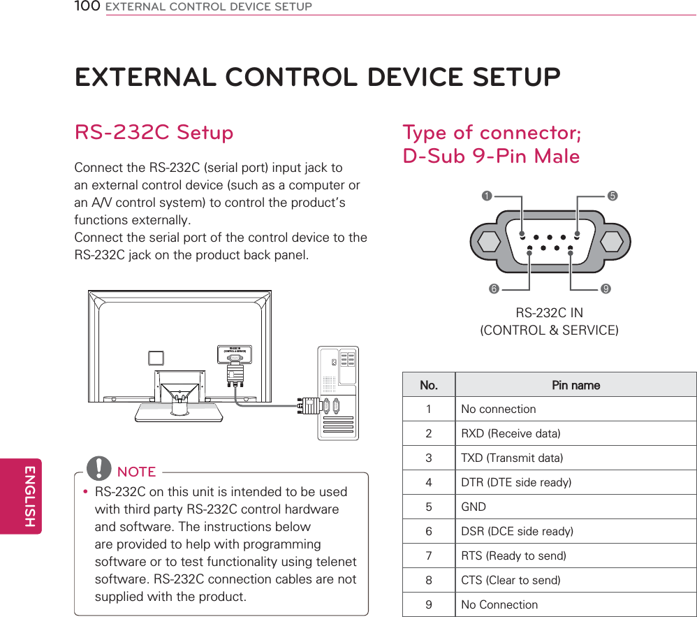 100ENGENGLISHEXTERNAL CONTROL DEVICE SETUPEXTERNAL CONTROL DEVICE SETUPRS-232C SetupConnect the RS-232C (serial port) input jack to an external control device (such as a computer or an A/V control system) to control the product’s functions externally.Connect the serial port of the control device to the RS-232C jack on the product back panel.RS-232C IN(CONTROL &amp; SERVICE) NOTEy RS-232C on this unit is intended to be used with third party RS-232C control hardware and software. The instructions below are provided to help with programming software or to test functionality using telenet software. RS-232C connection cables are not supplied with the product. Type of connector;  D-Sub 9-Pin Male1569RS-232C IN(CONTROL &amp; SERVICE)No. Pin name1 No connection2 RXD (Receive data)3 TXD (Transmit data)4 DTR (DTE side ready)5 GND6 DSR (DCE side ready)7 RTS (Ready to send)8 CTS (Clear to send)9 No Connection