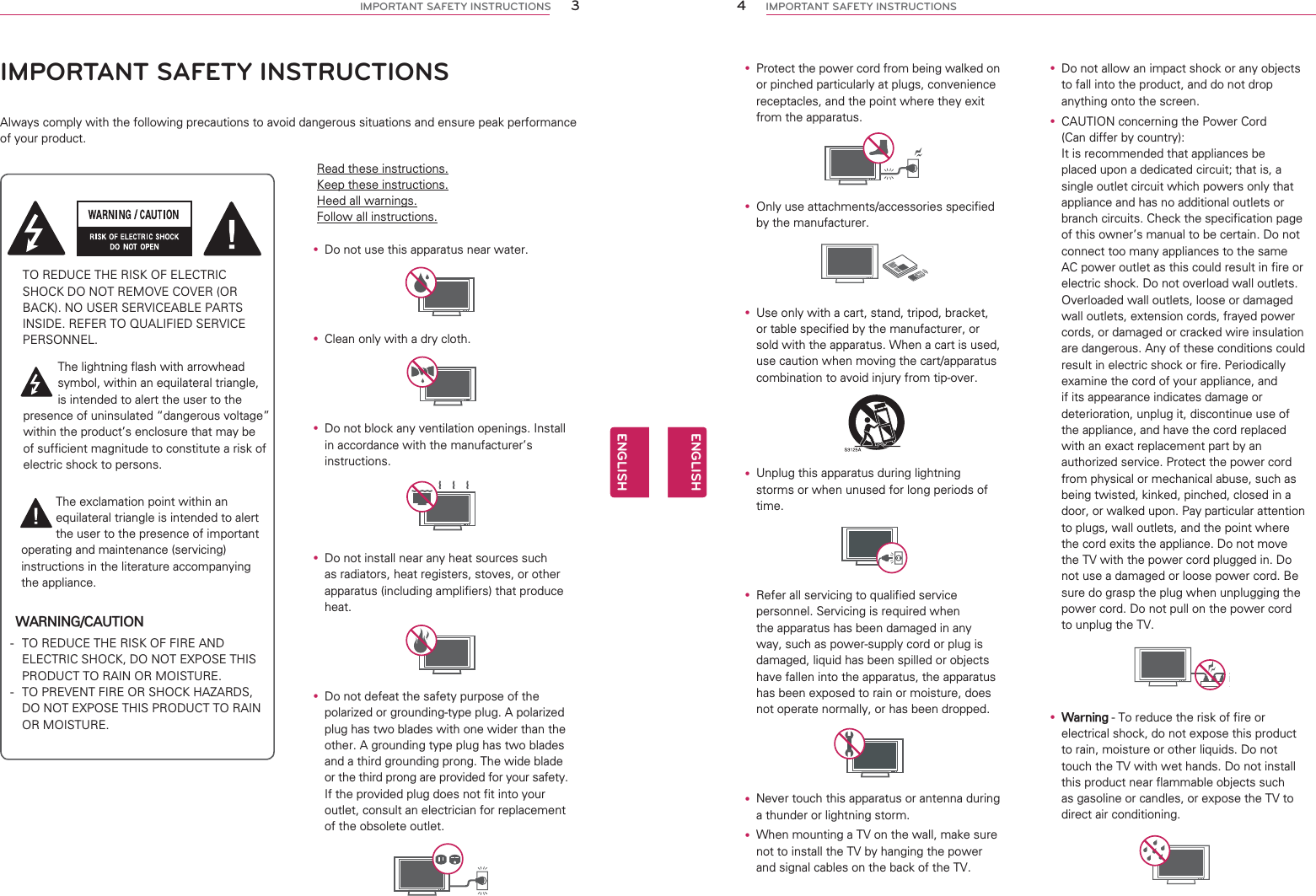 IMPORTANT SAFETY INSTRUCTIONS$OZD\VFRPSO\ZLWKWKHIROORZLQJSUHFDXWLRQVWRDYRLGGDQJHURXVVLWXDWLRQVDQGHQVXUHSHDNSHUIRUPDQFHRI\RXUSURGXFW725(&apos;8&amp;(7+(5,6.2)(/(&amp;75,&amp;6+2&amp;.&apos;21275(029(&amp;29(525%$&amp;.1286(56(59,&amp;($%/(3$576,16,&apos;(5()(57248$/,),(&apos;6(59,&amp;(3(56211(/7KHOLJKWQLQJIODVKZLWKDUURZKHDGV\PEROZLWKLQDQHTXLODWHUDOWULDQJOHLVLQWHQGHGWRDOHUWWKHXVHUWRWKHSUHVHQFHRIXQLQVXODWHG|GDQJHURXVYROWDJH}ZLWKLQWKHSURGXFWVHQFORVXUHWKDWPD\EHRIVXIILFLHQWPDJQLWXGHWRFRQVWLWXWHDULVNRIHOHFWULFVKRFNWRSHUVRQV7KHH[FODPDWLRQSRLQWZLWKLQDQHTXLODWHUDOWULDQJOHLVLQWHQGHGWRDOHUWWKHXVHUWRWKHSUHVHQFHRILPSRUWDQWRSHUDWLQJDQGPDLQWHQDQFHVHUYLFLQJLQVWUXFWLRQVLQWKHOLWHUDWXUHDFFRPSDQ\LQJWKHDSSOLDQFH 725(&apos;8&amp;(7+(5,6.2)),5($1&apos;(/(&amp;75,&amp;6+2&amp;.&apos;2127(;326(7+,6352&apos;8&amp;7725$,12502,6785( 7235(9(17),5(256+2&amp;.+$=$5&apos;6&apos;2127(;326(7+,6352&apos;8&amp;7725$,12502,6785(:$51,1*&amp;$87,215HDGWKHVHLQVWUXFWLRQV.HHSWKHVHLQVWUXFWLRQV+HHGDOOZDUQLQJV)ROORZDOOLQVWUXFWLRQVy &apos;RQRWXVHWKLVDSSDUDWXVQHDUZDWHUy &amp;OHDQRQO\ZLWKDGU\FORWKy &apos;RQRWEORFNDQ\YHQWLODWLRQRSHQLQJV,QVWDOOLQDFFRUGDQFHZLWKWKHPDQXIDFWXUHUVLQVWUXFWLRQVy &apos;RQRWLQVWDOOQHDUDQ\KHDWVRXUFHVVXFKDVUDGLDWRUVKHDWUHJLVWHUVVWRYHVRURWKHUDSSDUDWXVLQFOXGLQJDPSOLILHUVWKDWSURGXFHKHDWy &apos;RQRWGHIHDWWKHVDIHW\SXUSRVHRIWKHSRODUL]HGRUJURXQGLQJW\SHSOXJ$SRODUL]HGSOXJKDVWZREODGHVZLWKRQHZLGHUWKDQWKHRWKHU$JURXQGLQJW\SHSOXJKDVWZREODGHVDQGDWKLUGJURXQGLQJSURQJ7KHZLGHEODGHRUWKHWKLUGSURQJDUHSURYLGHGIRU\RXUVDIHW\,IWKHSURYLGHGSOXJGRHVQRWILWLQWR\RXURXWOHWFRQVXOWDQHOHFWULFLDQIRUUHSODFHPHQWRIWKHREVROHWHRXWOHW3ENGENGLISHIMPORTANT SAFETY INSTRUCTIONSy 3URWHFWWKHSRZHUFRUGIURPEHLQJZDONHGRQRUSLQFKHGSDUWLFXODUO\DWSOXJVFRQYHQLHQFHUHFHSWDFOHVDQGWKHSRLQWZKHUHWKH\H[LWIURPWKHDSSDUDWXVy 2QO\XVHDWWDFKPHQWVDFFHVVRULHVVSHFLILHGE\WKHPDQXIDFWXUHUy 8VHRQO\ZLWKDFDUWVWDQGWULSRGEUDFNHWRUWDEOHVSHFLILHGE\WKHPDQXIDFWXUHURUVROGZLWKWKHDSSDUDWXV:KHQDFDUWLVXVHGXVHFDXWLRQZKHQPRYLQJWKHFDUWDSSDUDWXVFRPELQDWLRQWRDYRLGLQMXU\IURPWLSRYHUy 8QSOXJWKLVDSSDUDWXVGXULQJOLJKWQLQJVWRUPVRUZKHQXQXVHGIRUORQJSHULRGVRIWLPHy 5HIHUDOOVHUYLFLQJWRTXDOLILHGVHUYLFHSHUVRQQHO6HUYLFLQJLVUHTXLUHGZKHQWKHDSSDUDWXVKDVEHHQGDPDJHGLQDQ\ZD\VXFKDVSRZHUVXSSO\FRUGRUSOXJLVGDPDJHGOLTXLGKDVEHHQVSLOOHGRUREMHFWVKDYHIDOOHQLQWRWKHDSSDUDWXVWKHDSSDUDWXVKDVEHHQH[SRVHGWRUDLQRUPRLVWXUHGRHVQRWRSHUDWHQRUPDOO\RUKDVEHHQGURSSHGy 1HYHUWRXFKWKLVDSSDUDWXVRUDQWHQQDGXULQJDWKXQGHURUOLJKWQLQJVWRUPy :KHQPRXQWLQJD79RQWKHZDOOPDNHVXUHQRWWRLQVWDOOWKH79E\KDQJLQJWKHSRZHUDQGVLJQDOFDEOHVRQWKHEDFNRIWKH79y &apos;RQRWDOORZDQLPSDFWVKRFNRUDQ\REMHFWVWRIDOOLQWRWKHSURGXFWDQGGRQRWGURSDQ\WKLQJRQWRWKHVFUHHQy &amp;$87,21FRQFHUQLQJWKH3RZHU&amp;RUG&amp;DQGLIIHUE\FRXQWU\,WLVUHFRPPHQGHGWKDWDSSOLDQFHVEHSODFHGXSRQDGHGLFDWHGFLUFXLWWKDWLVDVLQJOHRXWOHWFLUFXLWZKLFKSRZHUVRQO\WKDWDSSOLDQFHDQGKDVQRDGGLWLRQDORXWOHWVRUEUDQFKFLUFXLWV&amp;KHFNWKHVSHFLILFDWLRQSDJHRIWKLVRZQHUVPDQXDOWREHFHUWDLQ&apos;RQRWFRQQHFWWRRPDQ\DSSOLDQFHVWRWKHVDPH$&amp;SRZHURXWOHWDVWKLVFRXOGUHVXOWLQILUHRUHOHFWULFVKRFN&apos;RQRWRYHUORDGZDOORXWOHWV2YHUORDGHGZDOORXWOHWVORRVHRUGDPDJHGZDOORXWOHWVH[WHQVLRQFRUGVIUD\HGSRZHUFRUGVRUGDPDJHGRUFUDFNHGZLUHLQVXODWLRQDUHGDQJHURXV$Q\RIWKHVHFRQGLWLRQVFRXOGUHVXOWLQHOHFWULFVKRFNRUILUH3HULRGLFDOO\H[DPLQHWKHFRUGRI\RXUDSSOLDQFHDQGLILWVDSSHDUDQFHLQGLFDWHVGDPDJHRUGHWHULRUDWLRQXQSOXJLWGLVFRQWLQXHXVHRIWKHDSSOLDQFHDQGKDYHWKHFRUGUHSODFHGZLWKDQH[DFWUHSODFHPHQWSDUWE\DQDXWKRUL]HGVHUYLFH3URWHFWWKHSRZHUFRUGIURPSK\VLFDORUPHFKDQLFDODEXVHVXFKDVEHLQJWZLVWHGNLQNHGSLQFKHGFORVHGLQDGRRURUZDONHGXSRQ3D\SDUWLFXODUDWWHQWLRQWRSOXJVZDOORXWOHWVDQGWKHSRLQWZKHUHWKHFRUGH[LWVWKHDSSOLDQFH&apos;RQRWPRYHWKH79ZLWKWKHSRZHUFRUGSOXJJHGLQ&apos;RQRWXVHDGDPDJHGRUORRVHSRZHUFRUG%HVXUHGRJUDVSWKHSOXJZKHQXQSOXJJLQJWKHSRZHUFRUG&apos;RQRWSXOORQWKHSRZHUFRUGWRXQSOXJWKH79y :DUQLQJ7RUHGXFHWKHULVNRIILUHRUHOHFWULFDOVKRFNGRQRWH[SRVHWKLVSURGXFWWRUDLQPRLVWXUHRURWKHUOLTXLGV&apos;RQRWWRXFKWKH79ZLWKZHWKDQGV&apos;RQRWLQVWDOOWKLVSURGXFWQHDUIODPPDEOHREMHFWVVXFKDVJDVROLQHRUFDQGOHVRUH[SRVHWKH79WRGLUHFWDLUFRQGLWLRQLQJ4ENGENGLISHIMPORTANT SAFETY INSTRUCTIONS