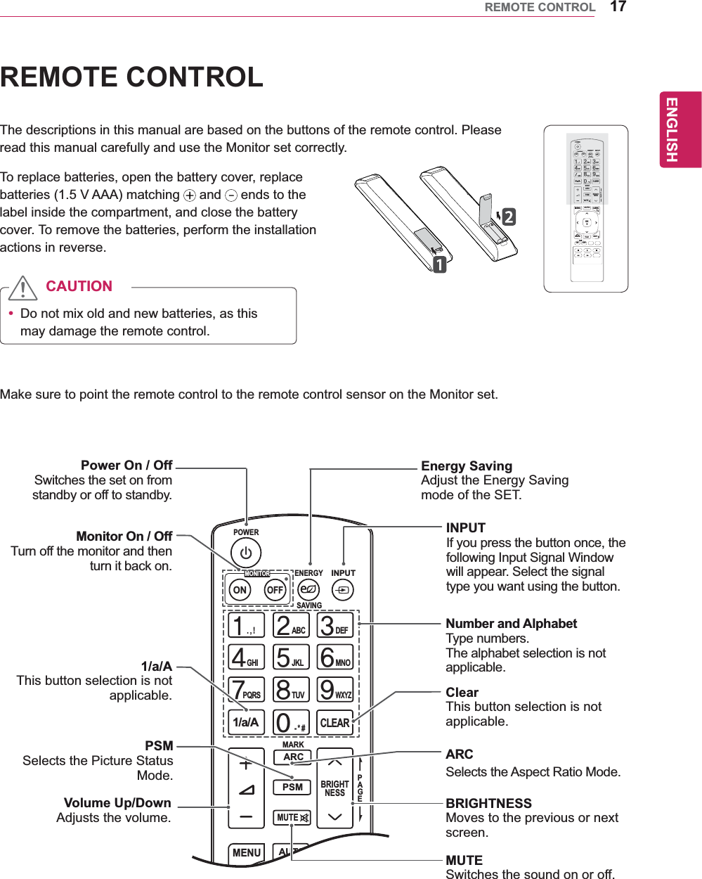 17ENGENGLISHREMOTE CONTROLREMOTE CONTROLThe descriptions in this manual are based on the buttons of the remote control. Please read this manual carefully and use the Monitor set correctly.To replace batteries, open the battery cover, replace batteries (1.5 V AAA) matching   and   ends to the label inside the compartment, and close the battery cover. To remove the batteries, perform the installation actions in reverse.Make sure to point the remote control to the remote control sensor on the Monitor set.CAUTIONy Do not mix old and new batteries, as this may damage the remote control.PAGEINPUTENERGYSAVINGMARKARCONOFF. , !ABCDEFGHIJKLMNOPQRSTUV1/a/A- * #WXYZCLEAROKS.MENUMONITORPSMAUTOMUTEBRIGHTNESSMENUIDBACK TILEON OFFEXITPOWERPAGEINPUTENERGYSAVINGMARKARC. , !ABCDEFGHIJKLMNOPQRSTUV1/a/A- * #WXYZCLEARONOFFMONITORMONITORPSMMUTEBRIGHTNESSPOWERPAGEINPUTENERGYSAVINGMARKARCONOFF. , !ABCDEFGHIJKLMNOPQRSTUV1/a/A- * #WXYZCLEARS.MENUMONITORPSMAUTOMUTEBRIGHTNESSMENUPOWER Power On / Off Switches the set on from standby or off to standby.Monitor On / OffTurn off the monitor and then turn it back on.1/a/A This button selection is not applicable.Energy SavingAdjust the Energy Saving mode of the SET.INPUTIf you press the button once, the following Input Signal Window will appear. Select the signal type you want using the button.Number and AlphabetType numbers.The alphabet selection is not applicable. ClearThis button selection is not applicable.PSMSelects the Picture Status Mode.Volume Up/DownAdjusts the volume.ARCSelects the Aspect Ratio Mode.BRIGHTNESSMoves to the previous or next screen.MUTESwitches the sound on or off.