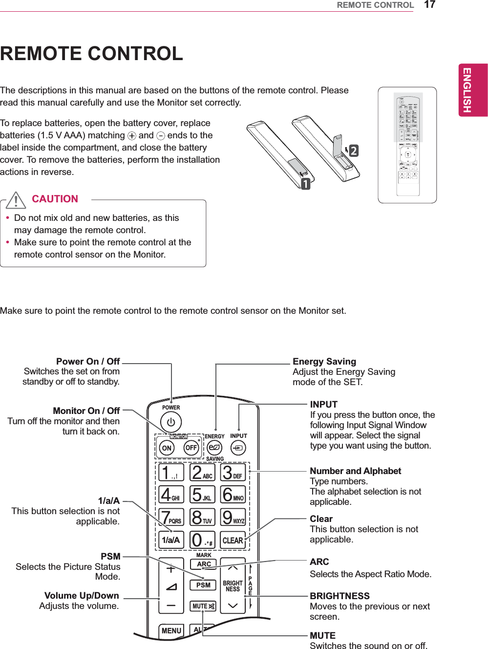 17ENGENGLISHREMOTE CONTROLREMOTE CONTROLThe descriptions in this manual are based on the buttons of the remote control. Please read this manual carefully and use the Monitor set correctly.To replace batteries, open the battery cover, replace batteries (1.5 V AAA) matching   and   ends to the label inside the compartment, and close the battery cover. To remove the batteries, perform the installation actions in reverse.Make sure to point the remote control to the remote control sensor on the Monitor set.CAUTIONy Do not mix old and new batteries, as this may damage the remote control.y Make sure to point the remote control at the remote control sensor on the Monitor.PAGEINPUTENERGYSAVINGMARKARCONOFF. , !ABCDEFGHIJKLMNOPQRSTUV1/a/A- * #WXYZCLEAROKS.MENUMONITORPSMAUTOMUTEBRIGHTNESSMENUIDBACK TILEON OFFEXITPOWERPAGEINPUTENERGYSAVINGMARKARC. , !ABCDEFGHIJKLMNOPQRSTUV1/a/A- * #WXYZCLEARONOFFMONITORMONITORPSMMUTEBRIGHTNESSPOWERPAGEINPUTENERGYSAVINGMARKARCONOFF. , !ABCDEFGHIJKLMNOPQRSTUV1/a/A- * #WXYZCLEARS.MENUMONITORPSMAUTOMUTEBRIGHTNESSMENUPOWER Power On / Off Switches the set on from standby or off to standby.Monitor On / OffTurn off the monitor and then turn it back on.1/a/A This button selection is not applicable.Energy SavingAdjust the Energy Saving mode of the SET.INPUTIf you press the button once, the following Input Signal Window will appear. Select the signal type you want using the button.Number and AlphabetType numbers.The alphabet selection is not applicable. ClearThis button selection is not applicable.PSMSelects the Picture Status Mode.Volume Up/DownAdjusts the volume.ARCSelects the Aspect Ratio Mode.BRIGHTNESSMoves to the previous or next screen.MUTESwitches the sound on or off.