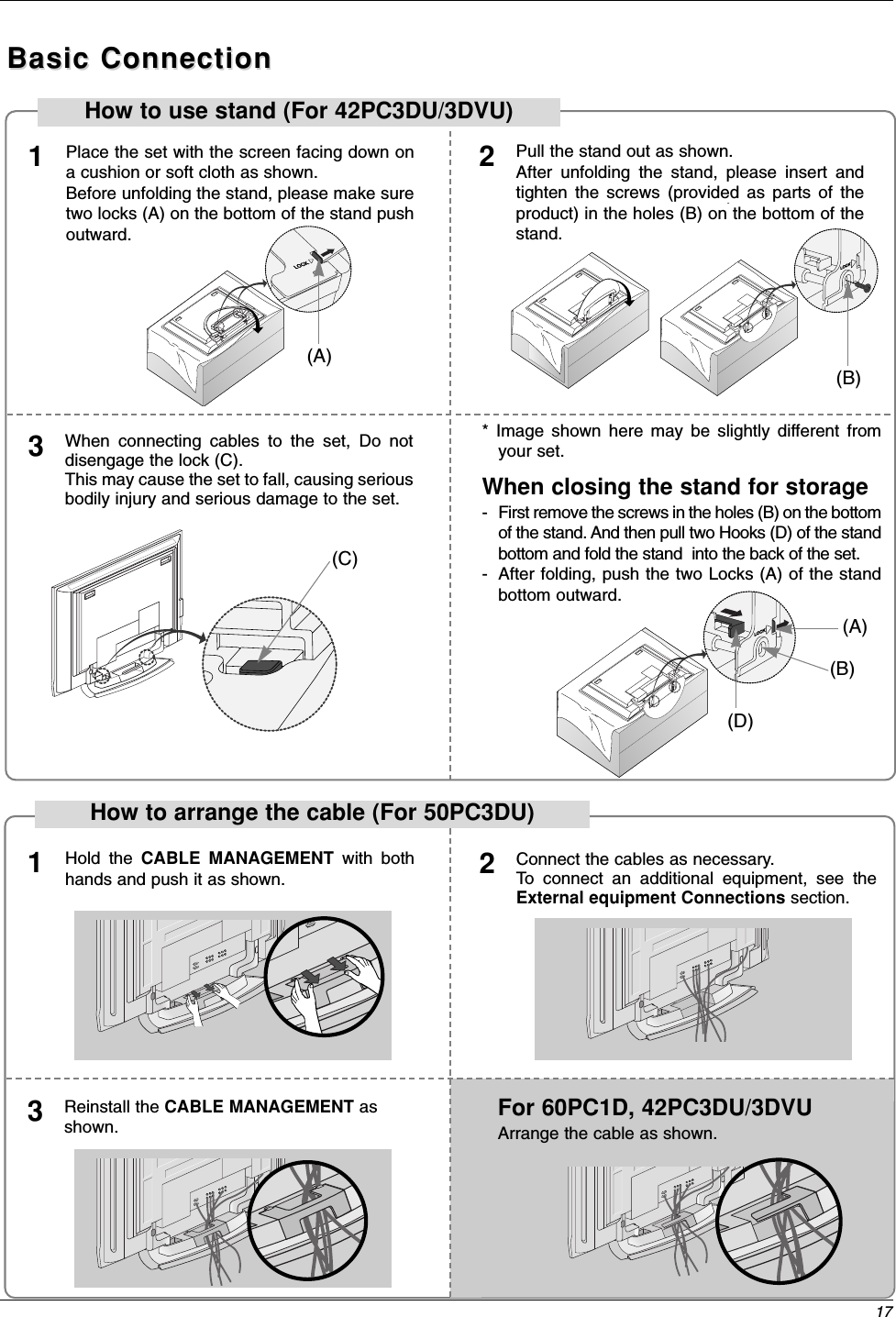 17Place the set with the screen facing down ona cushion or soft cloth as shown.Before unfolding the stand, please make suretwo locks (A) on the bottom of the stand pushoutward.Pull the stand out as shown.After unfolding the stand, please insert andtighten the screws (provided as parts of theproduct) in the holes (B) on the bottom of thestand.12When connecting cables to the set, Do notdisengage the lock (C).This may cause the set to fall, causing seriousbodily injury and serious damage to the set.3Basic ConnectionBasic Connection(C)Hold the CABLE MANAGEMENT with bothhands and push it as shown.Connect the cables as necessary.To connect an additional equipment, see theExternal equipment Connections section.Reinstall the CABLE MANAGEMENT asshown.123* Image shown here may be slightly different fromyour set.When closing the stand for storage- First remove the screws in the holes (B) on the bottomof the stand. And then pull two Hooks (D) of the standbottom and fold the stand  into the back of the set.- After folding, push the two Locks (A) of the standbottom outward.(A)(B)(D)(A)(B)How to use stand (For 42PC3DU/3DVU)How to arrange the cable (For 50PC3DU)For 60PC1D, 42PC3DU/3DVUArrange the cable as shown.