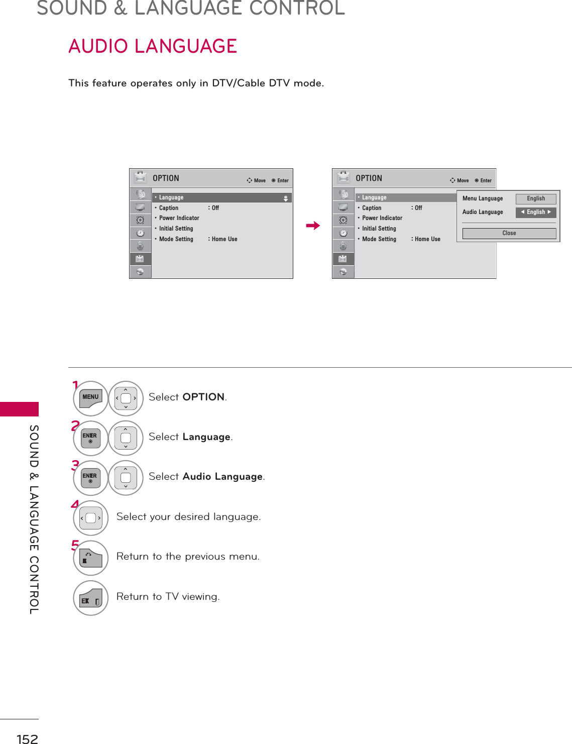 SOUND &amp; LANGUAGE CONTROLSOUND &amp; LANGUAGE CONTROL152AUDIO LANGUAGE This feature operates only in DTV/Cable DTV mode.1MENUSelect OPTION.2ENTERSelect Language.3ENTERSelect Audio Language.4Select your desired language.5BACKReturn to the previous menu.EXITReturn to TV viewing.237,21 ᯒ0RYHᯙ(QWHUᯱᯙؒ/DQJXDJHؒ&amp;DSWLRQ 2IIؒ3RZHU,QGLFDWRUؒ,QLWLDO6HWWLQJؒ0RGH6HWWLQJ +RPH8VH237,21 ᯒ0RYHᯙ(QWHUؒ/DQJXDJHؒ&amp;DSWLRQ 2IIؒ3RZHU,QGLFDWRUؒ,QLWLDO6HWWLQJؒ0RGH6HWWLQJ +RPH8VH0HQX/DQJXDJH (QJOLVK$XGLR/DQJXDJH ܁(QJOLVK۽&amp;ORVH