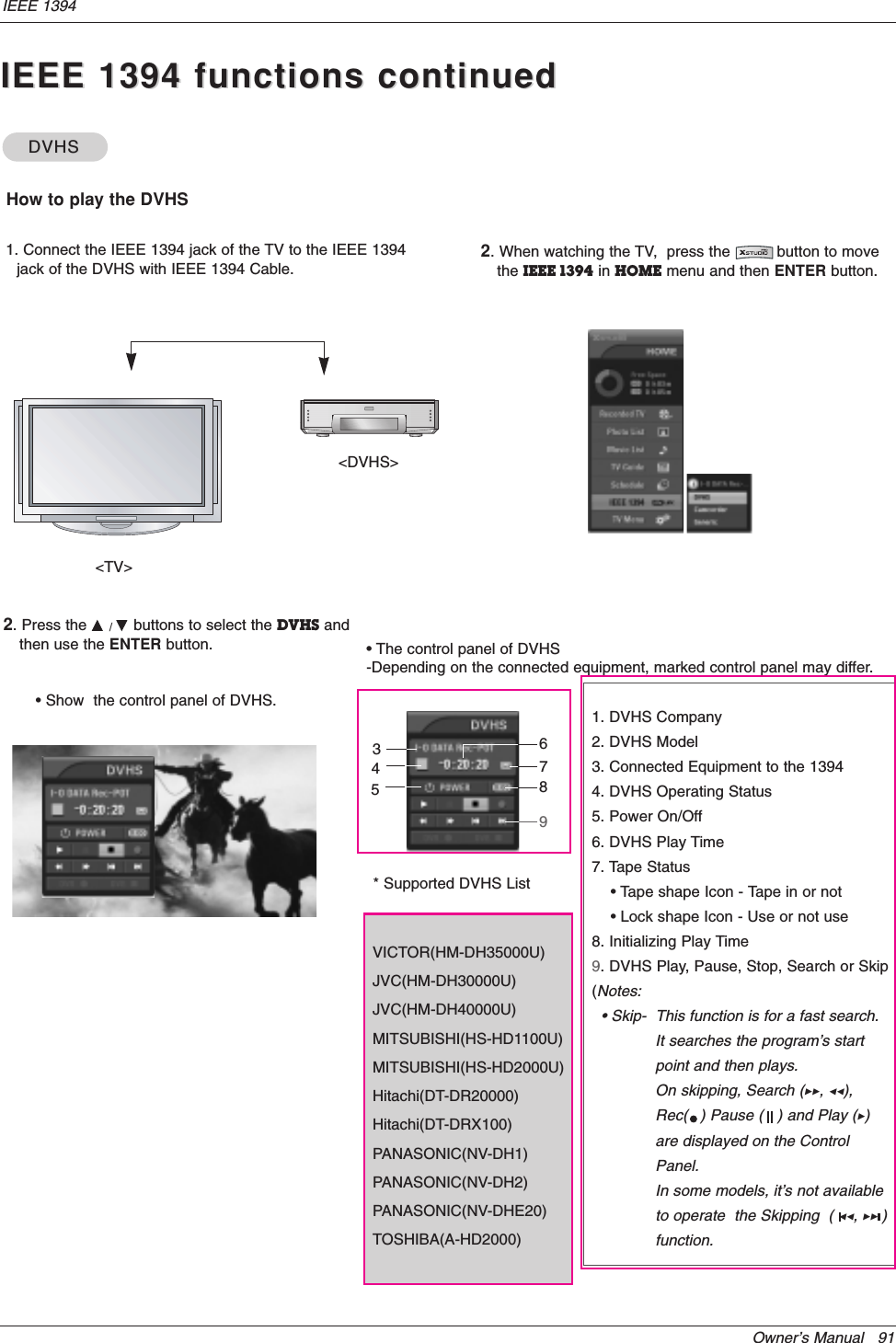 Owner’s Manual   91IEEE 1394IEEE 1394 functions continuedIEEE 1394 functions continuedDVHS DVHS VHow to play the DVHS&lt;TV&gt;&lt;DVHS&gt;1. Connect the IEEE 1394 jack of the TV to the IEEE 1394jack of the DVHS with IEEE 1394 Cable.2. When watching the TV,  press the          button to movethe IEEE 1394 in HOME menu and then ENTER button.* Supported DVHS ListVICTOR(HM-DH35000U) JVC(HM-DH30000U) JVC(HM-DH40000U) MITSUBISHI(HS-HD1100U) MITSUBISHI(HS-HD2000U) Hitachi(DT-DR20000) Hitachi(DT-DRX100) PANASONIC(NV-DH1) PANASONIC(NV-DH2) PANASONIC(NV-DHE20) TOSHIBA(A-HD2000)• The control panel of DVHS-Depending on the connected equipment, marked control panel may differ.341. DVHS Company2. DVHS Model3. Connected Equipment to the 13944. DVHS Operating Status5. Power On/Off6. DVHS Play Time7. Tape Status• Tape shape Icon - Tape in or not • Lock shape Icon - Use or not use8. Initializing Play Time9. DVHS Play, Pause, Stop, Search or Skip(Notes: • Skip-  This function is for a fast search.It searches the program’s start point and then plays.On skipping, Search (GG, FF), Rec(&quot;) Pause (   ) and Play (G) are displayed on the Control Panel.In some models, it’s not available to operate  the Skipping  ( FF, GG )function.2. Press the D / Ebuttons to select the DVHS andthen use the ENTER button.• Show  the control panel of DVHS.57689