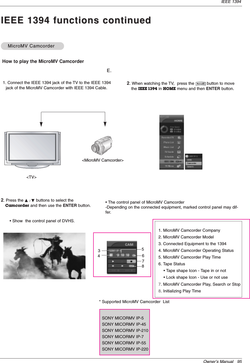 Owner’s Manual   95IEEE 1394IEEE 1394 functions continuedIEEE 1394 functions continuedHow to play the MicroMV CamcorderMicroMV CamcorderMicroMV Camcorder&lt;TV&gt;&lt;MicroMV Camcorder&gt;1. Connect the IEEE 1394 jack of the TV to the IEEE 1394jack of the MicroMV Camcorder with IEEE 1394 Cable.• The control panel of MicroMV Camcorder-Depending on the connected equipment, marked control panel may dif-fer.1. MicroMV Camcorder Company2. MicroMV Camcorder Model3. Connected Equipment to the 13944. MicroMV Camcorder Operating Status5. MicroMV Camcorder Play Time6. Tape Status• Tape shape Icon - Tape in or not • Lock shape Icon - Use or not use7. MicroMV Camcorder Play, Search or Stop8. Initializing Play Time* Supported MicroMV Camcorder  ListSONY MICORMV IP-5SONY MICORMV IP-45SONY MICORMV IP-210SONY MICORMV IP-7SONY MICORMV IP-55SONY MICORMV IP-2202. When watching the TV,  press the          button to movethe IEEE 1394 in HOME menu and then ENTER button.2. Press the D / Ebuttons to select theCamcorder and then use the ENTER button.• Show  the control panel of DVHS.346578E.E.