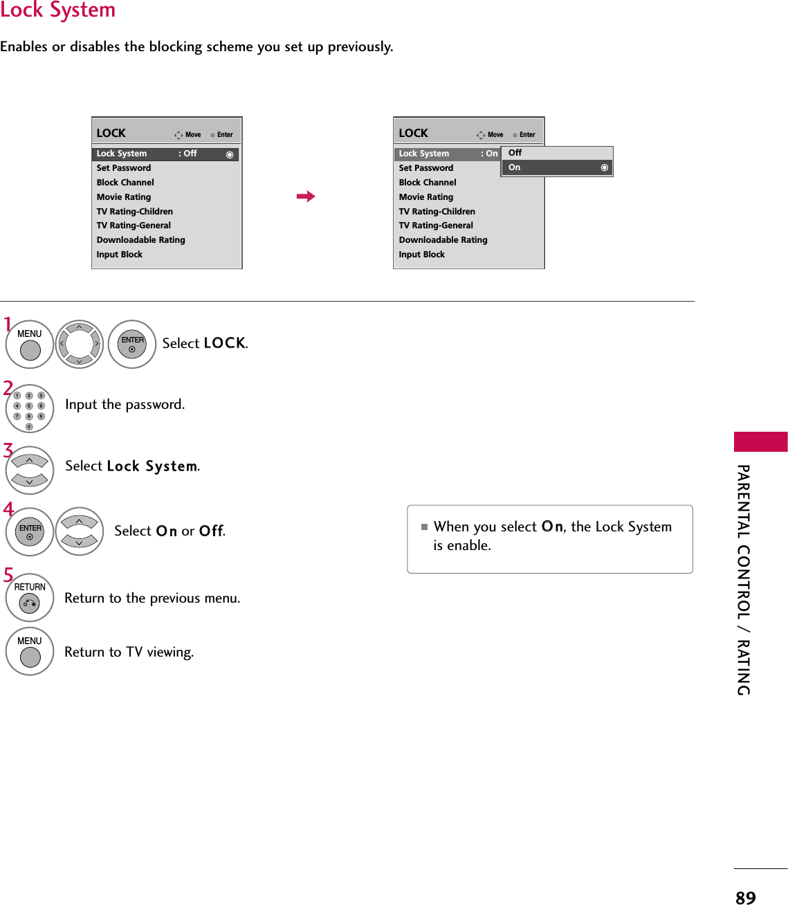 PARENTAL CONTROL / RATING89Enables or disables the blocking scheme you set up previously.Lock SystemEnterMoveLOCKLock System            : OffSet PasswordBlock ChannelMovie RatingTV Rating-ChildrenTV Rating-GeneralDownloadable RatingInput BlockSelect LLoocckk  SSyysstteemm.Select OOnnor OOffff.43ENTEREnterMoveLOCKLock System            : OnSet PasswordBlock ChannelMovie RatingTV Rating-ChildrenTV Rating-GeneralDownloadable RatingInput BlockOffOn■When you select OOnn, the Lock Systemis enable.Select LLOOCCKK.1MENUENTERInput the password.214567809235RETURNReturn to the previous menu.MENUReturn to TV viewing.