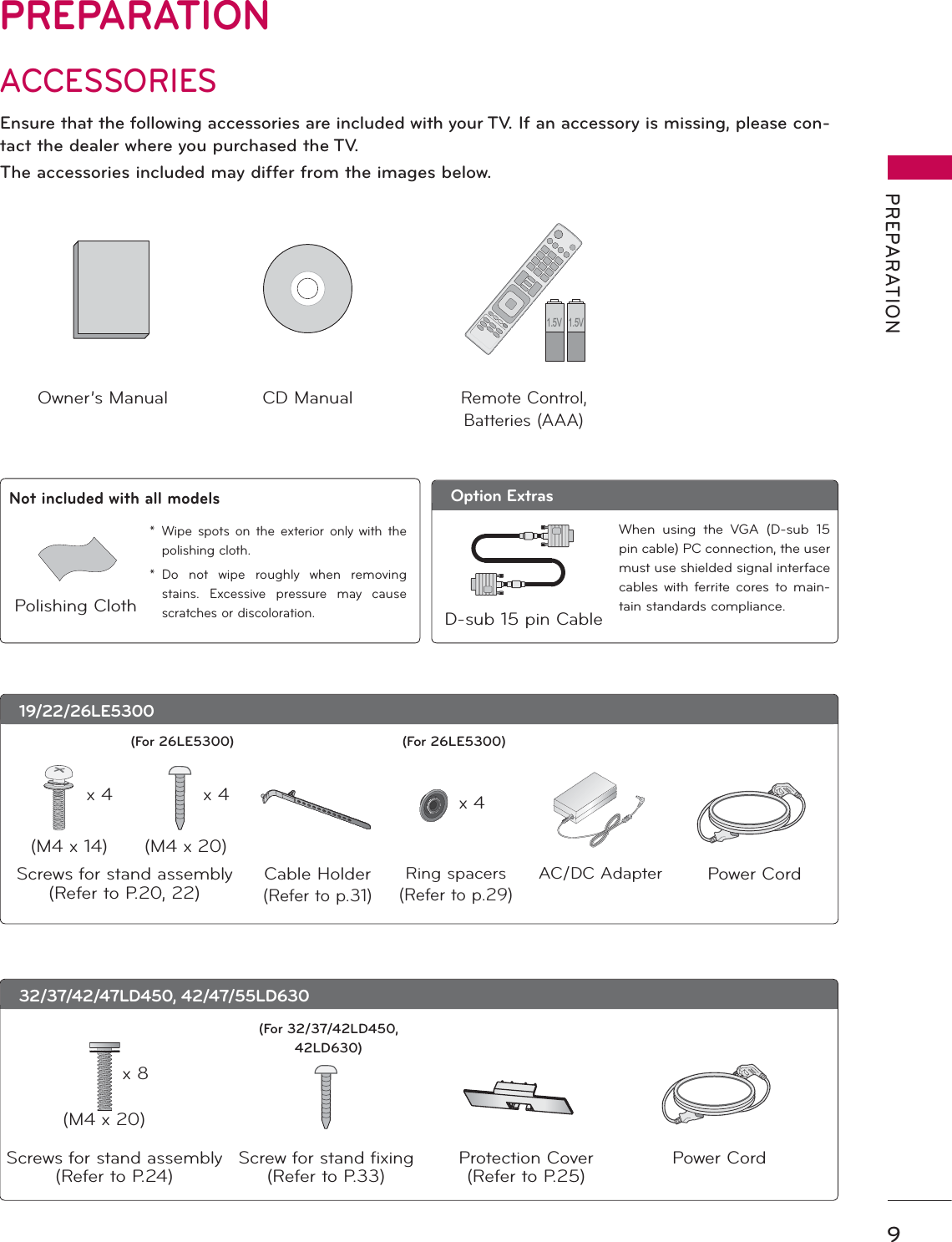 9PREPARATIONPREPARATIONACCESSORIESEnsure that the following accessories are included with your TV. If an accessory is missing, please con-tact the dealer where you purchased the TV. The accessories included may differ from the images below.1.5V 1.5VOwner’s Manual CD ManualRemote Control,Batteries (AAA)19/22/26LE5300Cable Holder(Refer to p.31)Screws for stand assembly(Refer to P.20, 22)x 4 x 4(M4 x 14) (M4 x 20)AC/DC AdapterRing spacers(Refer to p.29)(For 26LE5300)x 4Power Cord32/37/42/47LD450, 42/47/55LD630(M4 x 20)Screws for stand assembly(Refer to P.24)Screw for stand fixing(Refer to P.33)x 8Protection Cover(Refer to P.25)(For 32/37/42LD450, 42LD630)Power Cord(For 26LE5300)Option Extras* Wipe spots on the exterior only with the polishing cloth.* Do not wipe roughly when removing stains. Excessive pressure may cause scratches or discoloration.Polishing ClothNot included with all modelsD-sub 15 pin CableWhen using the VGA (D-sub 15 pin cable) PC connection, the user must use shielded signal interface cables with ferrite cores to main-tain standards compliance.