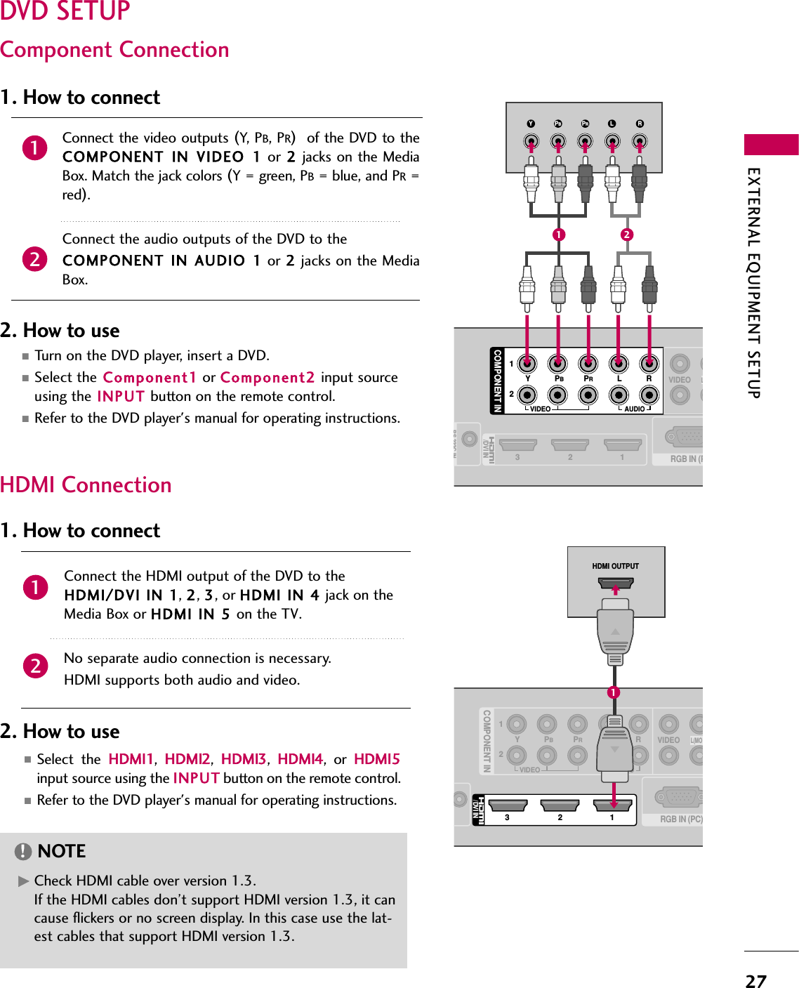 EXTERNAL EQUIPMENT SETUP27DVD SETUPComponent ConnectionConnect the video outputs (Y, PB, PR)of the DVD to theCOMPONENT  IN  VIDEO  1 or 2jacks on the MediaBox. Match the jack colors (Y = green, PB= blue, and PR=red).Connect the audio outputs of the DVD to the COMPONENT IN AUDIO 1 or 2jacks on the MediaBox.1. How to connect2. How to use■Turn on the DVD player, insert a DVD.■Select the Component1 or Component2 input sourceusing the INPUT button on the remote control.■Refer to the DVD player&apos;s manual for operating instructions.21213/DVI INRGB IN (PRS 232C IN12COMPONENT INLYPBPRRVIDEOAUDIOVIDEOLY L RPBPR1 2HDMI Connection12COMPONENT INLYPBPRRVIDEORGB IN (PC)VIDEOAUDIOL(MO213/DVI INHDMI OUTPUT1Connect the HDMI output of the DVD to theHDMI/DVI IN 1, 2, 3, or HDMI IN 4 jack on theMedia Box or HDMI IN 5 on the TV.No separate audio connection is necessary.HDMI supports both audio and video.1. How to connect2. How to use■Select the HDMI1,  HDMI2,  HDMI3,  HDMI4, or HDMI5input source using the INPUT button on the remote control.■Refer to the DVD player&apos;s manual for operating instructions.21GCheck HDMI cable over version 1.3.If the HDMI cables don’t support HDMI version 1.3, it cancause flickers or no screen display. In this case use the lat-est cables that support HDMI version 1.3.NOTE!
