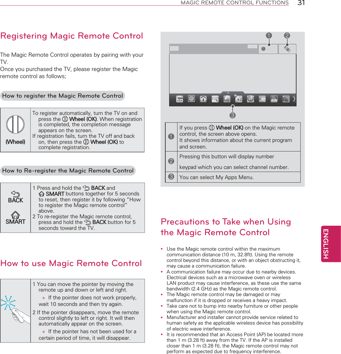 ENGLISH31MAGIC REMOTE CONTROL FUNCTIONSRegistering Magic Remote Control$0&amp;$1*$10=How to register the Magic Remote Control$$1 &lt;$1  How to Re-register the Magic Remote Control@3 E6(07B$#0 E$1How to use Magic Remote Control@O»@AB»L1321 0233O00Precautions to Take when Using the Magic Remote Controly ,08 @ADB?!,%y +./ BC&gt;(&quot;!0y $0y $0y 0y 3 3!@ DB?!$13@ DB?!085