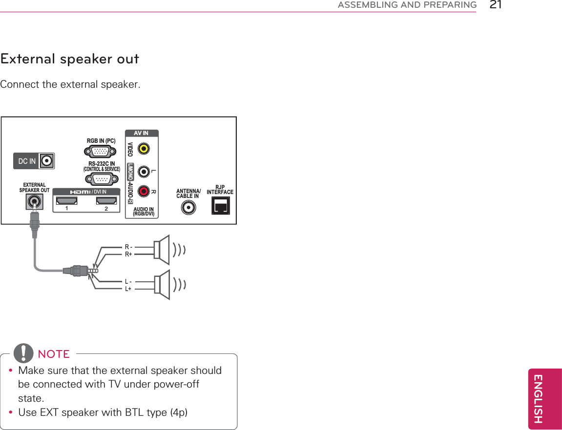 21ENGENGLISHASSEMBLING AND PREPARINGExternal speaker out&amp;RQQHFWWKHH[WHUQDOVSHDNHUANTENNA/CABLE INRJPINTERFACEAV INVIDEOL/MONO-AUDIO-RLRAUDIO IN(RGB/DVI)12/ DVI INEXTERNALSPEAKER OUTRS-232C IN(CONTROL &amp; SERVICE)RGB IN (PC)DC INR -R+L -L+y 0DNHVXUHWKDWWKHH[WHUQDOVSHDNHUVKRXOGEHFRQQHFWHGZLWK79XQGHUSRZHURIIVWDWHy 8VH(;7VSHDNHUZLWK%7/W\SHSNOTE