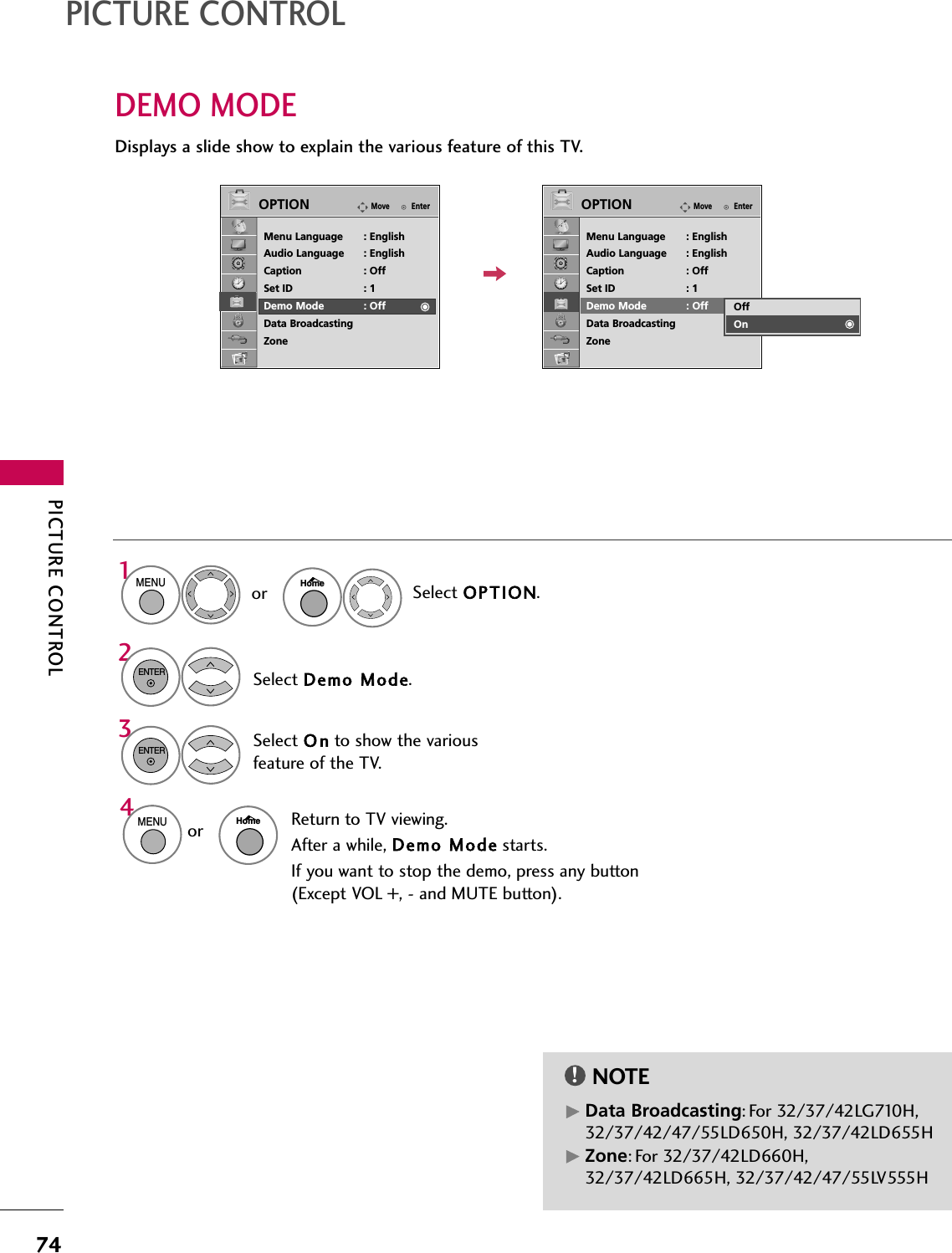 PICTURE CONTROL74PICTURE CONTROLDEMO MODESelect OPTION.Select Demo Mode.1MENU2ENTERSelect O nto show the variousfeature of the TV.3ENTER4MENUReturn to TV viewing.After a while, Demo Modestarts.If you want to stop the demo, press any button(Except VOL +, - and MUTE button).EnterMoveOPTIONMenu Language : EnglishAudio Language : EnglishCaption : OffSet ID : 1Demo Mode : OffData BroadcastingZoneEnterMoveOPTIONMenu Language : EnglishAudio Language : EnglishCaption : OffSet ID : 1Demo Mode : OffData BroadcastingZoneOffOnDisplays a slide show to explain the various feature of this TV.HomeorHomeorNOTE!GData Broadcasting: For 32/37/42LG710H,32/37/42/47/55LD650H, 32/37/42LD655HGZone: For 32/37/42LD660H,32/37/42LD665H, 32/37/42/47/55LV555H
