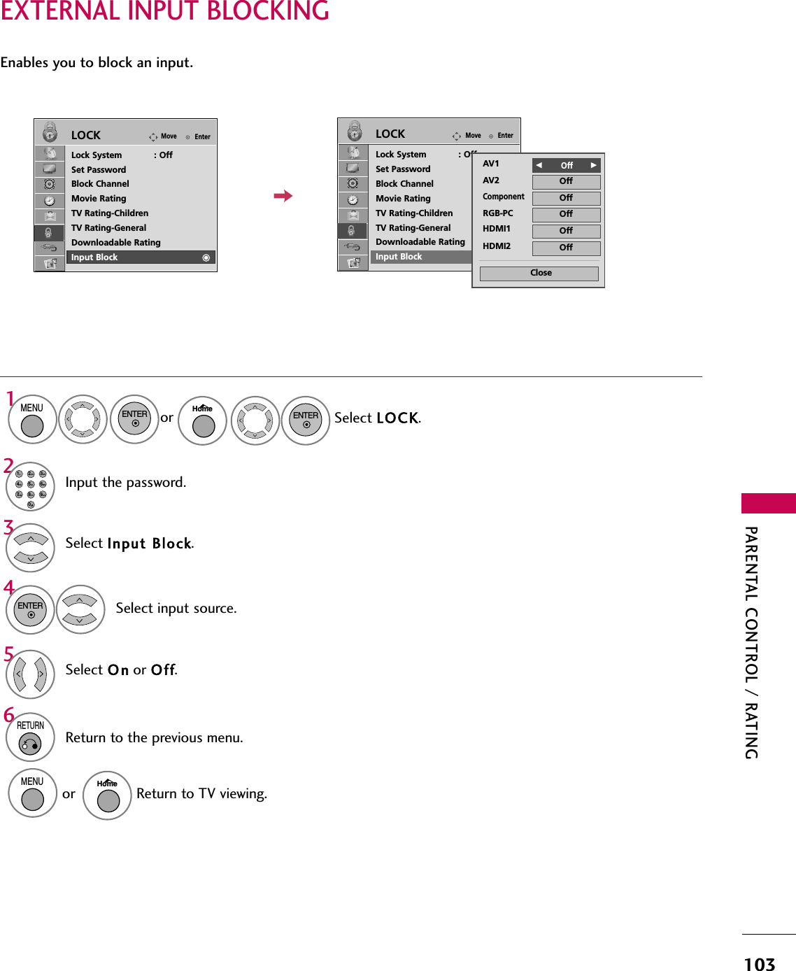 PARENTAL CONTROL / RATING103EXTERNAL INPUT BLOCKINGEnables you to block an input.Select Input Block.Select input source.43Select O nor Off.5ENTERInput the password.21234567809ABC DEFGHIWXYZTUVPQRSMNOJKL&amp;@.:/,6RETURNReturn to the previous menu.EnterMoveLOCKLock System            : OffSet PasswordBlock ChannelMovie RatingTV Rating-ChildrenTV Rating-GeneralDownloadable RatingInput BlockEnterMoveLOCKLock System            : OffSet PasswordBlock ChannelMovie RatingTV Rating-ChildrenTV Rating-GeneralDownloadable RatingInput BlockAV1F      Off  GAV2 OffComponentOffHDMI1 OffRGB-PC OffCloseHDMI2 OffSelect LOCK.1MENUENTERENTERHomeorMENUReturn to TV viewing.Homeor