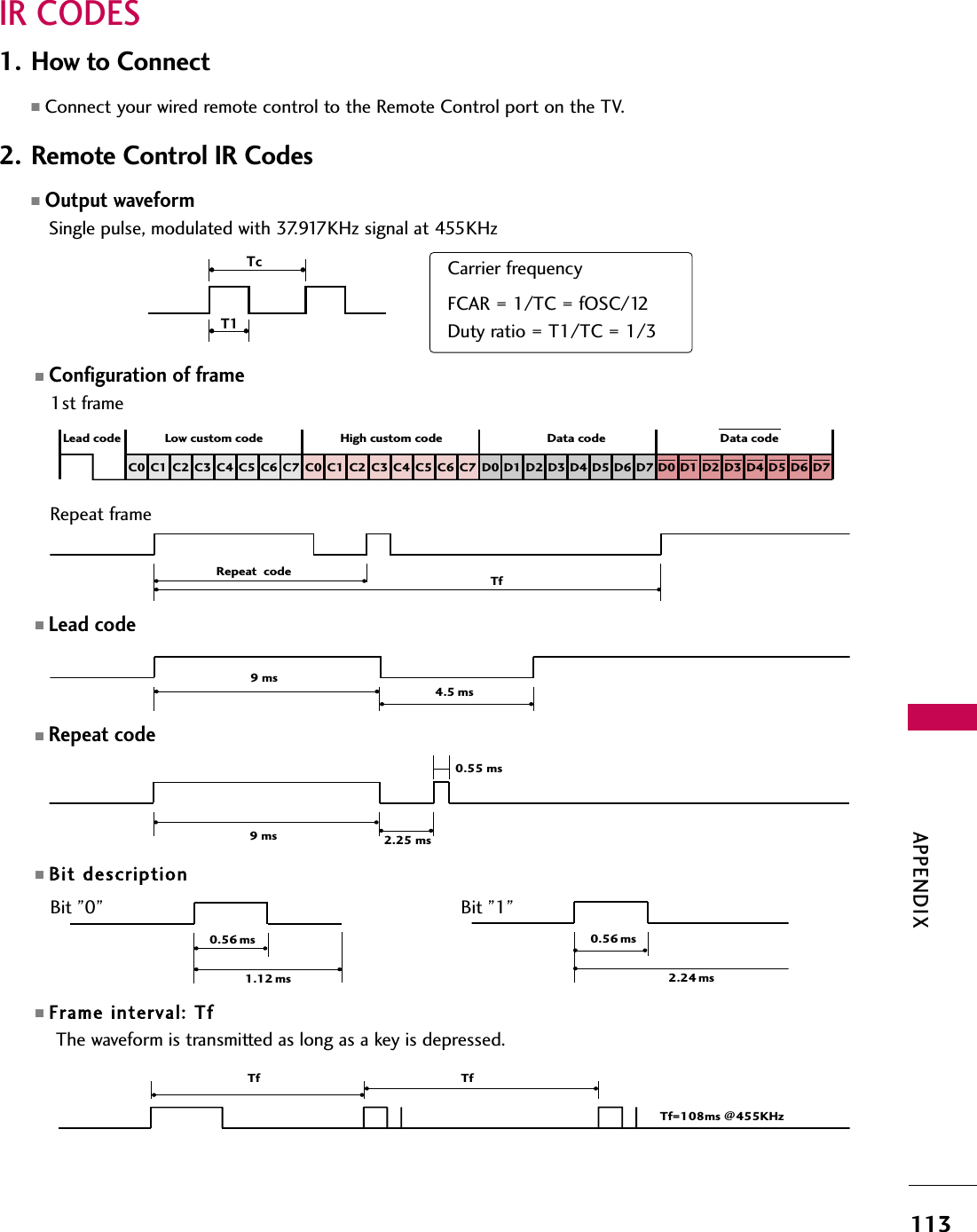 APPENDIX113IR CODES■Configuration of frame 1st frameRepeat frame■Lead code■Repeat code■Bit description■Frame interval: Tf The waveform is transmitted as long as a key is depressed.C0 C1 C2 C3 C4 C5 C6 C7 C0 C1 C2 C3 C4 C5 C6 C7 D0 D1 D2 D3 D4 D5 D6 D7 D0 D1 D2 D3 D4 D5 D6 D7 Lead code Low custom code High custom code Data code  Data code Repeat  code Tf4.5 ms9 ms 0.56 ms1.12 ms0.56 ms2.24 msTf TfTf=108ms @455KHzBit ”0”  Bit ”1”1. How to Connect■Connect your wired remote control to the Remote Control port on the TV. 2. Remote Control IR Codes■Output waveform Single pulse, modulated with 37.917KHz signal at 455KHz   T1Tc Carrier frequencyFCAR = 1/TC = fOSC/12Duty ratio = T1/TC = 1/32.25 ms 9 ms 0.55 ms 
