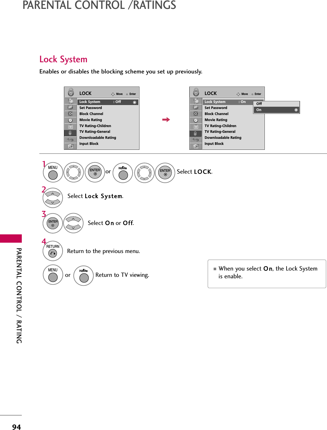 PARENTAL CONTROL / RATING94PARENTAL CONTROL /RATINGSEnables or disables the blocking scheme you set up previously.Lock SystemEnterMoveLOCKLock System            : OffSet PasswordBlock ChannelMovie RatingTV Rating-ChildrenTV Rating-GeneralDownloadable RatingInput BlockSelect Lock System.Select O nor Off.32ENTEREnterMoveLOCKLock System            : OnSet PasswordBlock ChannelMovie RatingTV Rating-ChildrenTV Rating-GeneralDownloadable RatingInput BlockOffOn■When you select O n, the Lock Systemis enable.4RETURNReturn to the previous menu.Select LOCK.1MENUENTERENTERHomeorMENUReturn to TV viewing.Homeor