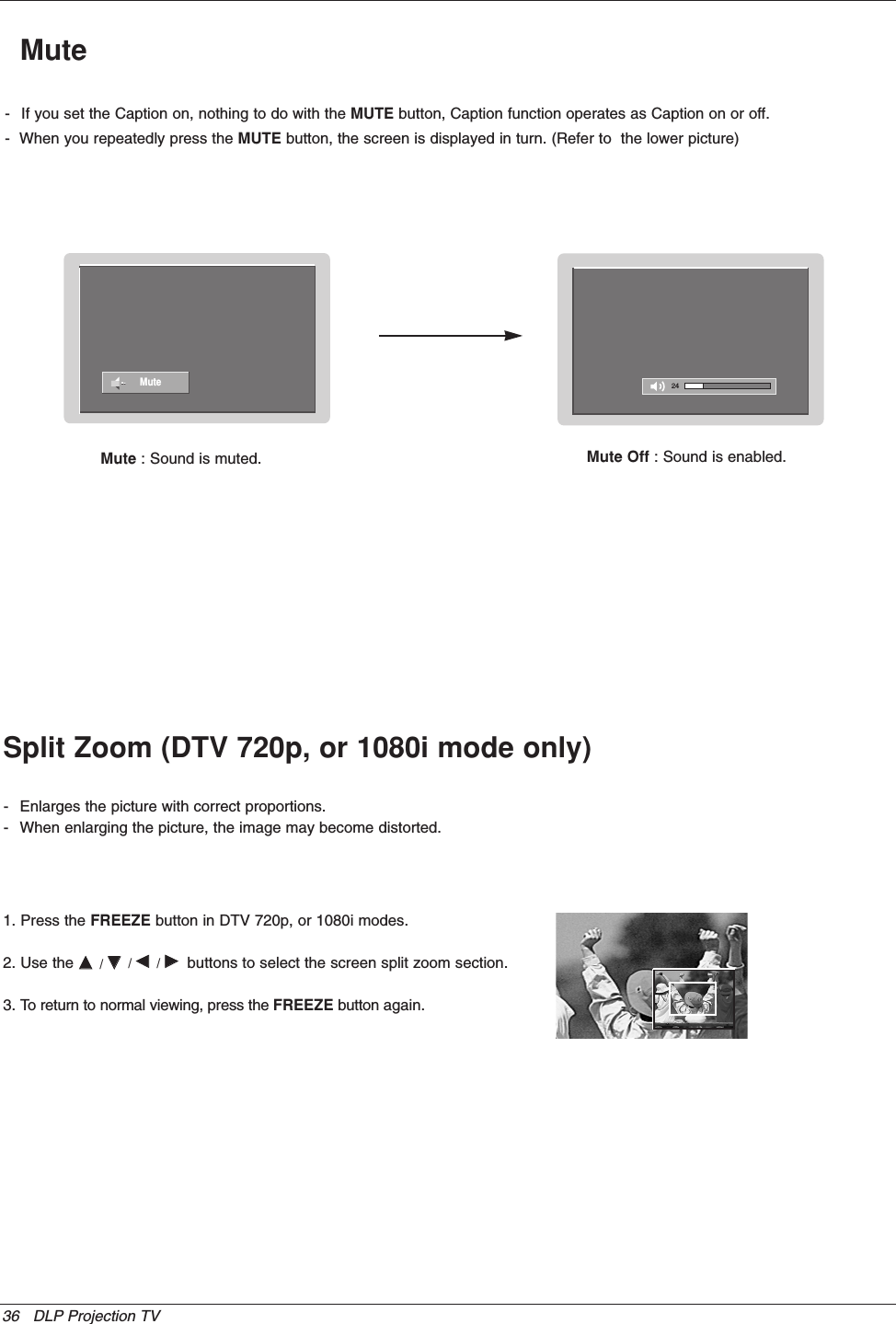 36 DLP Projection TV1. Press the FREEZE button in DTV 720p, or 1080i modes.2. Use the DD  / EE/ FF  / GGbuttons to select the screen split zoom section.3. To return to normal viewing, press the FREEZE button again.- Enlarges the picture with correct proportions.- When enlarging the picture, the image may become distorted.- If you set the Caption on, nothing to do with the MUTE button, Caption function operates as Caption on or off.-  When you repeatedly press the MUTE button, the screen is displayed in turn. (Refer to  the lower picture) Mute24MuteMute : Sound is muted. Mute Off : Sound is enabled.Split Zoom (DTV 720p, or 1080i mode only)