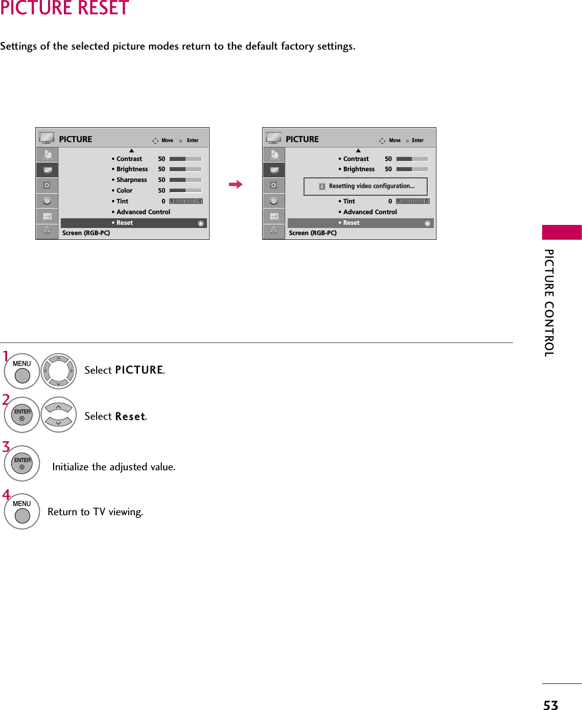 PICTURE CONTROL53PICTURE RESETSettings of the selected picture modes return to the default factory settings.Select PPIICCTTUURREE.Select RReesseett.Initialize the adjusted value.1MENU32ENTERENTER4MENUReturn to TV viewing.EnterMovePICTUREERG• Contrast 50• Brightness 50• Sharpness 50• Color 50• Tint 0• Advanced Control• ResetScreen (RGB-PC)EnterMovePICTUREERG• Contrast 50• Brightness 50• Sharpness 50• Color 50• Tint 0• Advanced Control• ResetScreen (RGB-PC)Resetting video configuration...ii