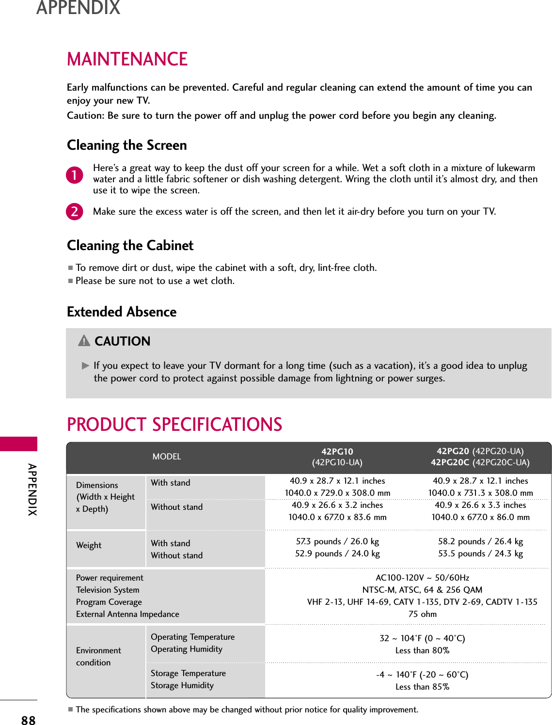 APPENDIX88APPENDIXMAINTENANCEEarly malfunctions can be prevented. Careful and regular cleaning can extend the amount of time you canenjoy your new TV. Caution: Be sure to turn the power off and unplug the power cord before you begin any cleaning.Cleaning the ScreenHere’s a great way to keep the dust off your screen for a while. Wet a soft cloth in a mixture of lukewarmwater and a little fabric softener or dish washing detergent. Wring the cloth until it’s almost dry, and thenuse it to wipe the screen.Make sure the excess water is off the screen, and then let it air-dry before you turn on your TV.Cleaning the Cabinet■To remove dirt or dust, wipe the cabinet with a soft, dry, lint-free cloth.■Please be sure not to use a wet cloth.Extended AbsenceGG  If you expect to leave your TV dormant for a long time (such as a vacation), it’s a good idea to unplugthe power cord to protect against possible damage from lightning or power surges.CAUTION21■The specifications shown above may be changed without prior notice for quality improvement.MODELAC100-120V ~ 50/60HzNTSC-M, ATSC, 64 &amp; 256 QAMVHF 2-13, UHF 14-69, CATV 1-135, DTV 2-69, CADTV 1-13575 ohm32  ~ 104°F (0 ~40°C)Less than 80%-4 ~ 140°F (-20 ~60°C)Less than 85%Dimensions(Width x Height x Depth)WeightPower requirementTelevision SystemProgram CoverageExternal Antenna ImpedanceEnvironment conditionWith standWithout standWith standWithout standOperating TemperatureOperating HumidityStorage TemperatureStorage Humidity42PG10(42PG10-UA)40.9 x 28.7 x 12.1 inches1040.0 x 729.0 x 308.0 mm40.9 x 26.6 x 3.2 inches1040.0 x 677.0 x 83.6 mm57.3 pounds / 26.0 kg52.9 pounds / 24.0 kg42PG20 (42PG20-UA)42PG20C (42PG20C-UA)40.9 x 28.7 x 12.1 inches1040.0 x 731.3 x 308.0 mm40.9 x 26.6 x 3.3 inches1040.0 x 677.0 x 86.0 mm58.2 pounds / 26.4 kg53.5 pounds / 24.3 kgPRODUCT SPECIFICATIONS