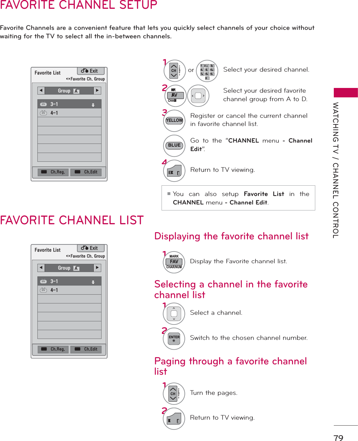 79WATCHING TV / CHANNEL CONTROLFAVORITE CHANNEL SETUPFavorite Channels are a convenient feature that lets you quickly select channels of your choice without waiting for the TV to select all the in-between channels.1FAVMARKCHAR/NUMDisplay the Favorite channel list.1Select a channel.2ENTERSwitch to the chosen channel number.1CHPAGETurn the pages.2EXITReturn to TV viewing.ᯚᯛ)DYRULWH&amp;K*URXSᯚᯛ)DYRULWH&amp;K*URXS)DYRULWH/LVW)DYRULWH/LVWᰙ([LWᰙ([LW܁*URXSA۽܁*URXSA۽DTVDTVDTVDTVᯕ&amp;K5HJᯕ&amp;K5HJᯕ&amp;K(GLWᯕ&amp;K(GLWFAVORITE CHANNEL LISTSelecting a channel in the favorite channel listPaging through a favorite channel listDisplaying the favorite channel list12 ABC 3 DEF4 GHI 5 JKL 6MNO7PQRS8 TUV09WXYZ1orCHPAGESelect your desired channel.2FAVMARKCHAR/NUMSelect your desired favorite channel group from A to D.3Register or cancel the current channel in favorite channel list.Go to the “CHANNEL menu - Channel Edit”.4EXITReturn to TV viewing.YELLOWBLUEᯫYou can also setup Favorite List in the CHANNEL menu - Channel Edit.ᯱᯙᯱᯙ