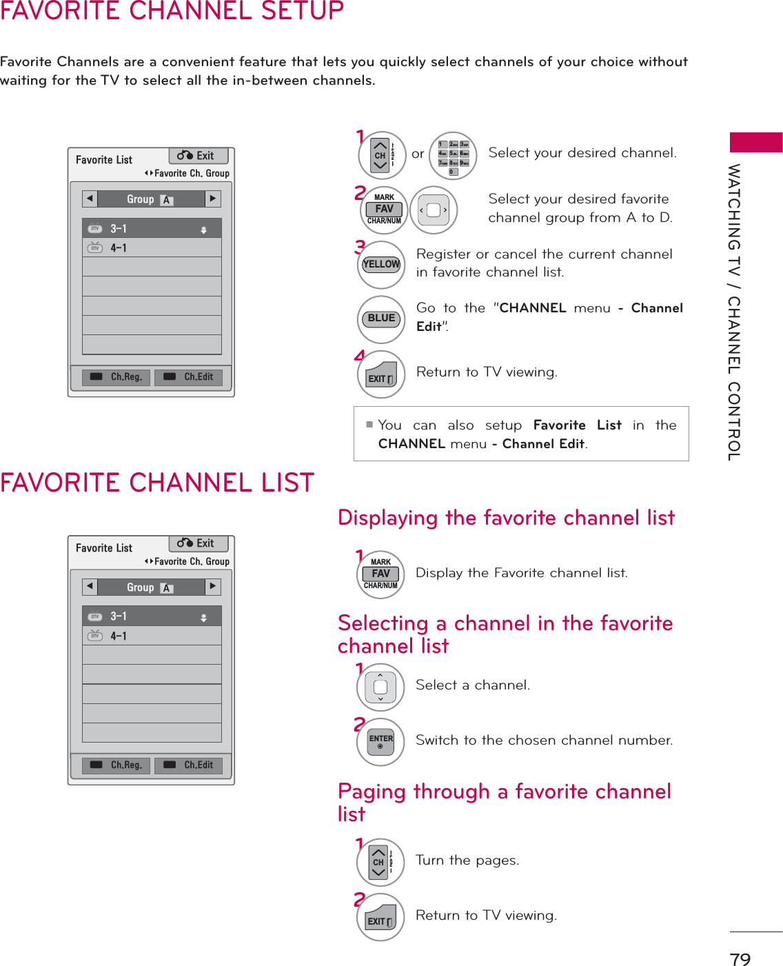 79WATCHING TV / CHANNEL CONTROLFAVORITE CHANNEL SETUPFavorite Channels are a convenient feature that lets you quickly select channels of your choice without waiting for the TV to select all the in-between channels.1FAVMARKCHAR/NUMDisplay the Favorite channel list.1Select a channel.2ENTERSwitch to the chosen channel number.1CHPAGETurn the pages.2EXITReturn to TV viewing.ᯚᯛ)DYRULWH&amp;K*URXSᯚᯛ)DYRULWH&amp;K*URXS)DYRULWH/LVW)DYRULWH/LVWᰙ([LWᰙ([LW܁*URXSA۽܁*URXSA۽DTVDTVDTVDTVᯕ&amp;K5HJᯕ&amp;K5HJᯕ&amp;K(GLWᯕ&amp;K(GLWFAVORITE CHANNEL LISTSelecting a channel in the favorite channel listPaging through a favorite channel listDisplaying the favorite channel list12ABC3 DEF4 GHI5JKL6MNO7PQRS8 TUV09WXYZ1orCHPAGESelect your desired channel.2FAVMARKCHAR/NUMSelect your desired favorite channel group from A to D.3Register or cancel the current channel in favorite channel list.Go to the “CHANNEL menu - ChannelEdit”.4EXITReturn to TV viewing.YELLOWBLUEᯫYou can also setup Favorite List in the CHANNEL menu - Channel Edit.ᯱᯙᯱᯙ