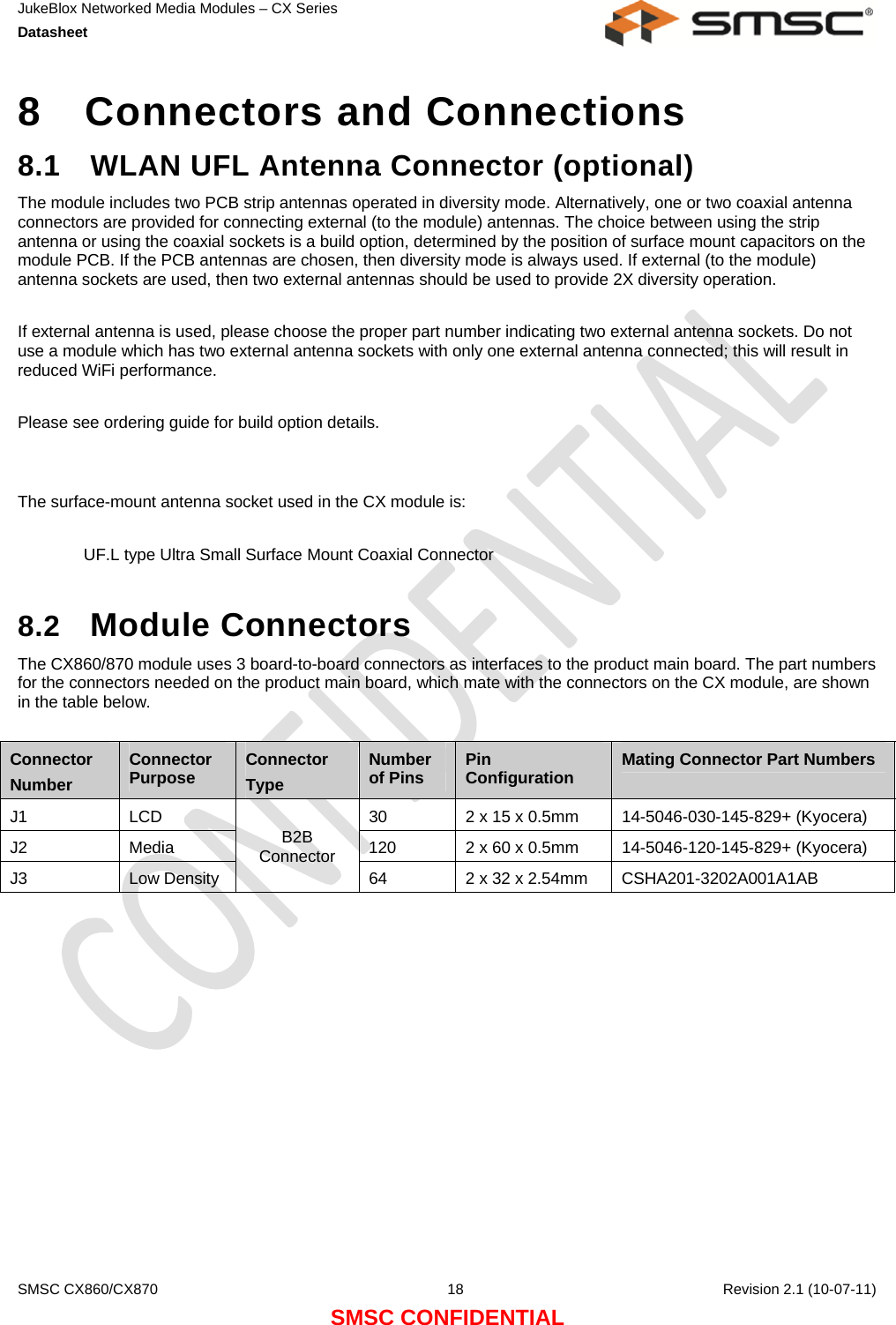 JukeBlox Networked Media Modules – CX Series  Datasheet    SMSC CX860/CX870  18    Revision 2.1 (10-07-11) SMSC CONFIDENTIAL 8  Connectors and Connections 8.1  WLAN UFL Antenna Connector (optional) The module includes two PCB strip antennas operated in diversity mode. Alternatively, one or two coaxial antenna connectors are provided for connecting external (to the module) antennas. The choice between using the strip antenna or using the coaxial sockets is a build option, determined by the position of surface mount capacitors on the module PCB. If the PCB antennas are chosen, then diversity mode is always used. If external (to the module) antenna sockets are used, then two external antennas should be used to provide 2X diversity operation.  If external antenna is used, please choose the proper part number indicating two external antenna sockets. Do not use a module which has two external antenna sockets with only one external antenna connected; this will result in reduced WiFi performance.  Please see ordering guide for build option details.   The surface-mount antenna socket used in the CX module is:  UF.L type Ultra Small Surface Mount Coaxial Connector  8.2  Module Connectors The CX860/870 module uses 3 board-to-board connectors as interfaces to the product main board. The part numbers for the connectors needed on the product main board, which mate with the connectors on the CX module, are shown in the table below.  Connector Number Connector Purpose  Connector Type Number of Pins  Pin Configuration  Mating Connector Part Numbers J1  LCD  30  2 x 15 x 0.5mm  14-5046-030-145-829+ (Kyocera) J2  Media  120  2 x 60 x 0.5mm  14-5046-120-145-829+ (Kyocera) J3 Low Density B2B Connector 64  2 x 32 x 2.54mm  CSHA201-3202A001A1AB  