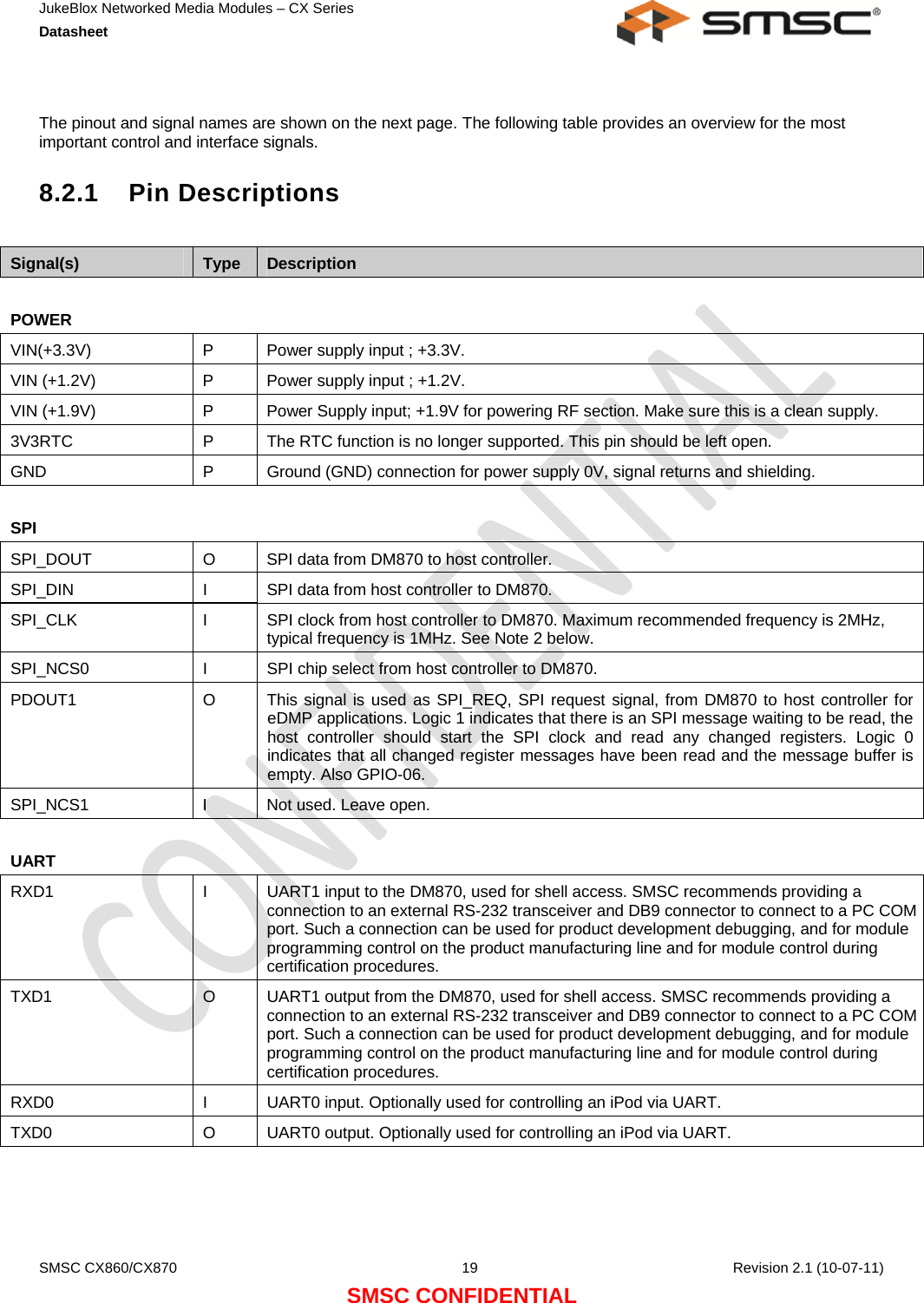 JukeBlox Networked Media Modules – CX Series  Datasheet    SMSC CX860/CX870  19    Revision 2.1 (10-07-11) SMSC CONFIDENTIAL  The pinout and signal names are shown on the next page. The following table provides an overview for the most important control and interface signals. 8.2.1 Pin Descriptions  Signal(s)  Type  Description  POWER   VIN(+3.3V)  P  Power supply input ; +3.3V. VIN (+1.2V)  P  Power supply input ; +1.2V. VIN (+1.9V)  P  Power Supply input; +1.9V for powering RF section. Make sure this is a clean supply. 3V3RTC  P  The RTC function is no longer supported. This pin should be left open. GND  P  Ground (GND) connection for power supply 0V, signal returns and shielding.  SPI   SPI_DOUT  O  SPI data from DM870 to host controller. SPI_DIN  I  SPI data from host controller to DM870. SPI_CLK  I  SPI clock from host controller to DM870. Maximum recommended frequency is 2MHz, typical frequency is 1MHz. See Note 2 below. SPI_NCS0  I  SPI chip select from host controller to DM870. PDOUT1  O  This signal is used as SPI_REQ, SPI request signal, from DM870 to host controller for eDMP applications. Logic 1 indicates that there is an SPI message waiting to be read, the host controller should start the SPI clock and read any changed registers. Logic 0 indicates that all changed register messages have been read and the message buffer is empty. Also GPIO-06. SPI_NCS1  I  Not used. Leave open.  UART   RXD1  I  UART1 input to the DM870, used for shell access. SMSC recommends providing a connection to an external RS-232 transceiver and DB9 connector to connect to a PC COM port. Such a connection can be used for product development debugging, and for module programming control on the product manufacturing line and for module control during certification procedures. TXD1  O  UART1 output from the DM870, used for shell access. SMSC recommends providing a connection to an external RS-232 transceiver and DB9 connector to connect to a PC COM port. Such a connection can be used for product development debugging, and for module programming control on the product manufacturing line and for module control during certification procedures. RXD0  I  UART0 input. Optionally used for controlling an iPod via UART. TXD0  O  UART0 output. Optionally used for controlling an iPod via UART. 