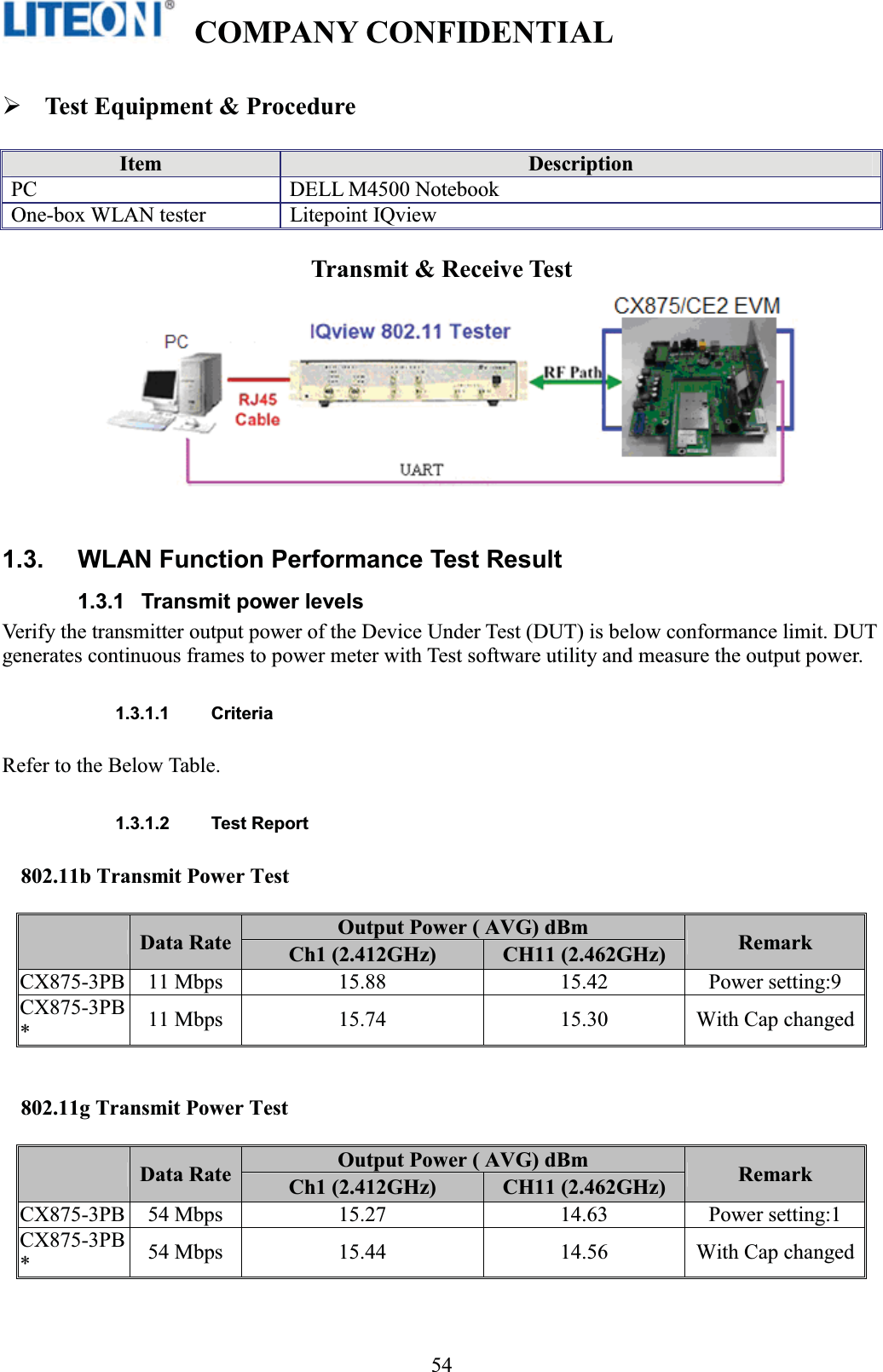   COMPANY CONFIDENTIAL   !54Test Equipment &amp; Procedure Item  Description PC  DELL M4500 Notebook One-box WLAN tester  Litepoint IQview Transmit &amp; Receive Test 1.3.  WLAN Function Performance Test Result 1.3.1  Transmit power levels Verify the transmitter output power of the Device Under Test (DUT) is below conformance limit. DUT generates continuous frames to power meter with Test software utility and measure the output power. 1.3.1.1 Criteria Refer to the Below Table. 1.3.1.2 Test Report 802.11b Transmit Power Test Data Rate Output Power ( AVG) dBm  Remark Ch1 (2.412GHz)  CH11 (2.462GHz) CX875-3PB 11 Mbps  15.88 15.42  Power setting:9 CX875-3PB*11 Mbps  15.74 15.30  With Cap changed802.11g Transmit Power Test Data Rate Output Power ( AVG) dBm  Remark Ch1 (2.412GHz)  CH11 (2.462GHz) CX875-3PB 54 Mbps  15.27 14.63  Power setting:1 CX875-3PB*54 Mbps  15.44 14.56  With Cap changed