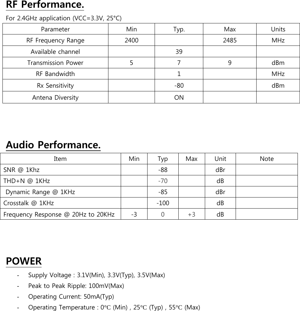 RF Performance. For 2.4GHz application (VCC=3.3V, 25°C) Parameter  Min  Typ.  Max  Units RF Frequency Range  2400    2485  MHz Available channel    39     Transmission Power  5  7  9  dBm RF Bandwidth    1    MHz Rx Sensitivity    -80    dBm Antena Diversity    ON        Audio Performance. Item  Min  Typ  Max  Unit  Note SNR @ 1Khz    -88  dBr   THD+N @ 1KHz    -70    dB    Dynamic Range @ 1KHz    -85    dBr   Crosstalk @ 1KHz    -100    dB   Frequency Response @ 20Hz to 20KHz  -3 0 +3 dB     POWER - Supply Voltage : 3.1V(Min), 3.3V(Typ), 3.5V(Max) - Peak to Peak Ripple: 100mV(Max) - Operating Current: 50mA(Typ) - Operating Temperature : 0°C (Min) , 25°C (Typ) , 55°C (Max)         