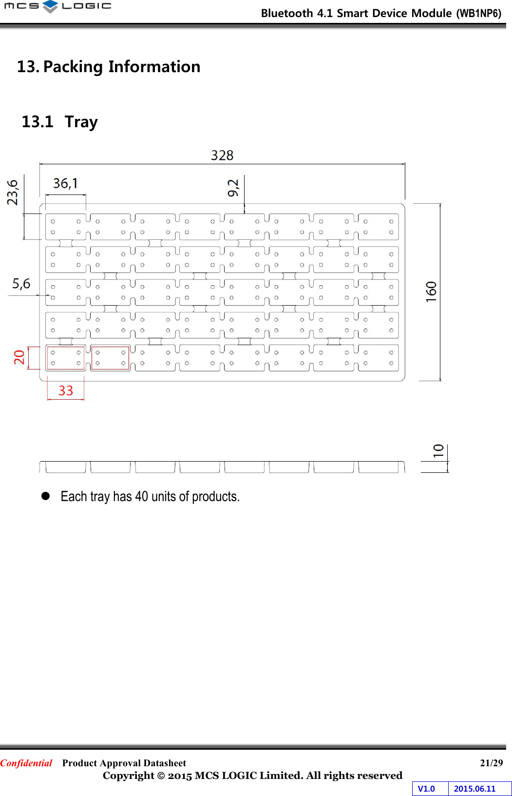                           Bluetooth 4.1 Smart Device Module (WB1NP6)                        Confidential    Product Approval Datasheet                                                           21/29 Copyright  2015 MCS LOGIC Limited. All rights reserved V1.0  2015.06.11  13. Packing Information  13.1 Tray     Each tray has 40 units of products.    
