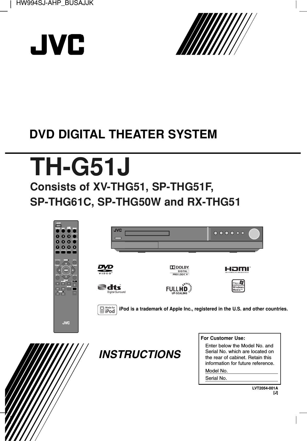 TH-G51JConsists of XV-THG51, SP-THG51F, SP-THG61C, SP-THG50W and RX-THG51DVD DIGITAL THEATER SYSTEMINSTRUCTIONSFor Customer Use:Enter below the Model No. andSerial No. which are located onthe rear of cabinet. Retain thisinformation for future reference.Model No.Serial No.LVT2054-001A[J]HW994SJ-AHP_BUSAJJKTUNING TUNINGiPod is a trademark of Apple Inc., registered in the U.S. and other countries.