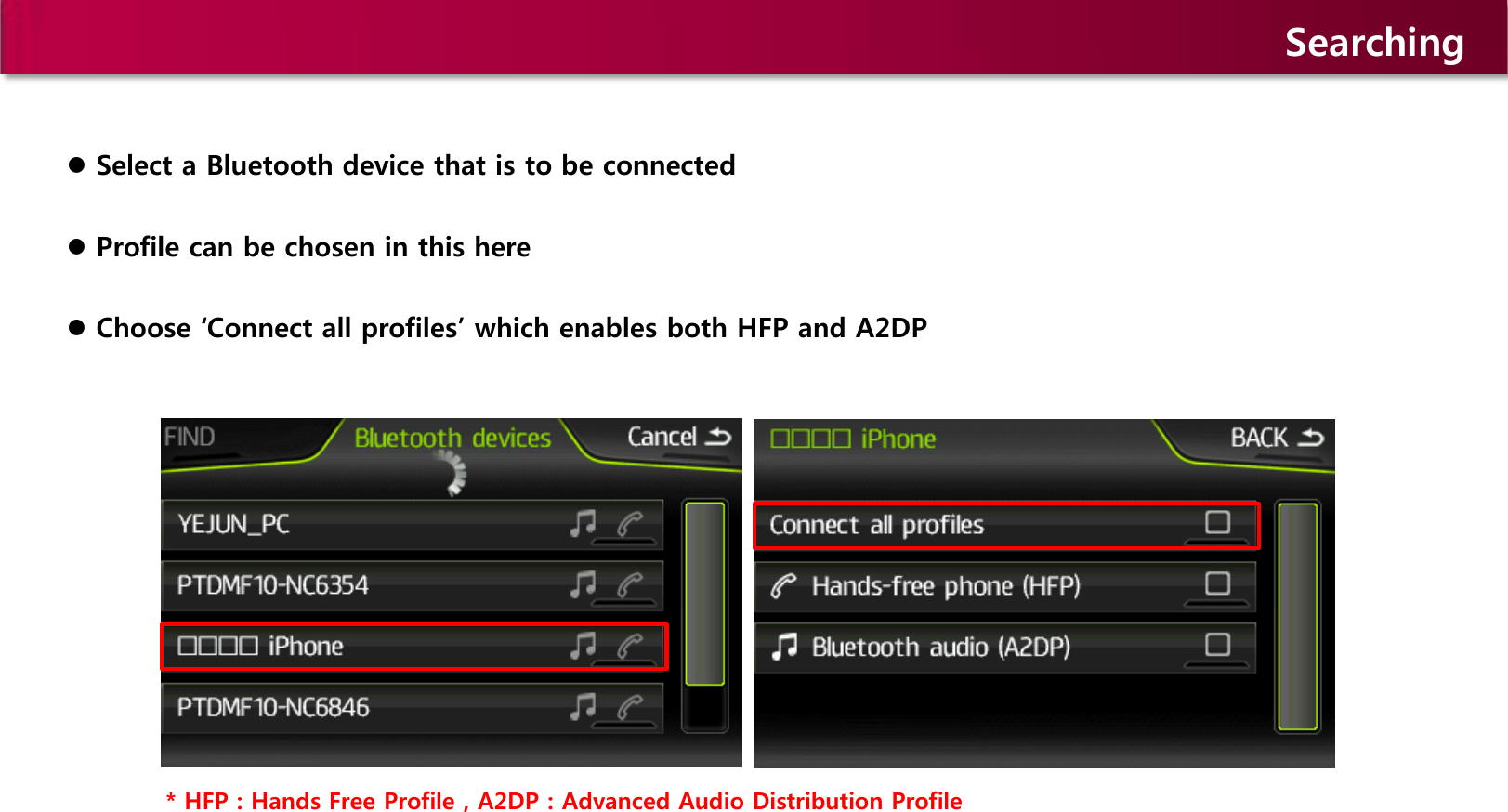  Select a Bluetooth device that is to be connected  Profile can be chosen in this here  Choose ‘Connect all profiles’ which enables both HFP and A2DP   * HFP : Hands Free Profile , A2DP : Advanced Audio Distribution Profile Searching 