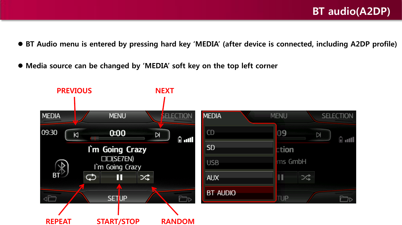 BT audio(A2DP)  BT Audio menu is entered by pressing hard key ‘MEDIA’ (after device is connected, including A2DP profile)  Media source can be changed by ‘MEDIA’ soft key on the top left corner  NEXT PREVIOUS START/STOP REPEAT  RANDOM 