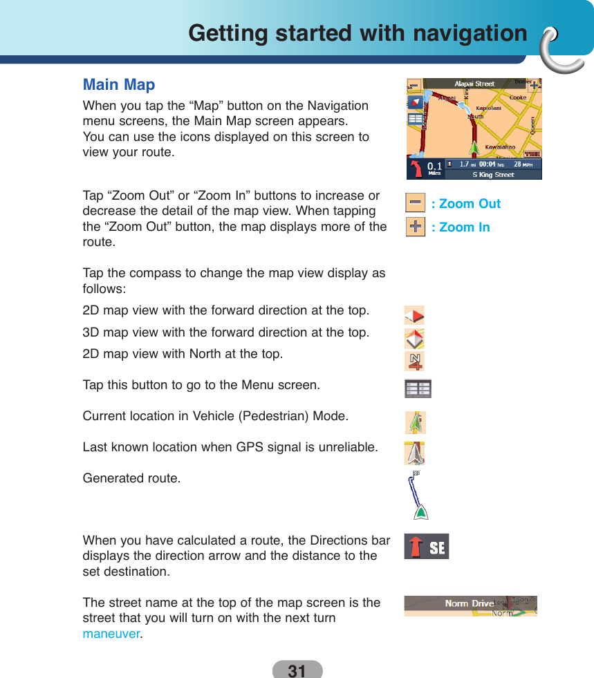 31Getting started with navigation Main MapWhen you tap the “Map” button on the Navigationmenu screens, the Main Map screen appears. You can use the icons displayed on this screen toview your route.Tap “Zoom Out” or “Zoom In” buttons to increase ordecrease the detail of the map view. When tappingthe “Zoom Out” button, the map displays more of theroute.Tap the compass to change the map view display asfollows:2D map view with the forward direction at the top.3D map view with the forward direction at the top.2D map view with North at the top.Tap this button to go to the Menu screen.Current location in Vehicle (Pedestrian) Mode.Last known location when GPS signal is unreliable.Generated route.When you have calculated a route, the Directions bardisplays the direction arrow and the distance to theset destination.The street name at the top of the map screen is thestreet that you will turn on with the next turn maneuver.: Zoom Out: Zoom In