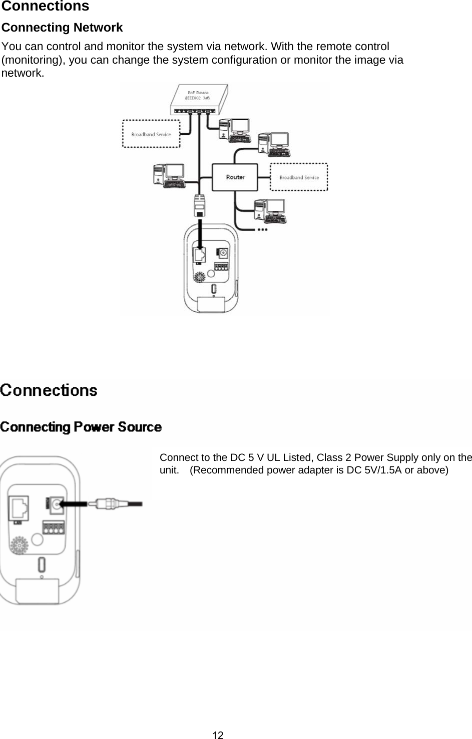  12Connections Connecting Network   You can control and monitor the system via network. With the remote control (monitoring), you can change the system configuration or monitor the image via network.              Connect to the DC 5 V UL Listed, Class 2 Power Supply only on the unit.    (Recommended power adapter is DC 5V/1.5A or above) 