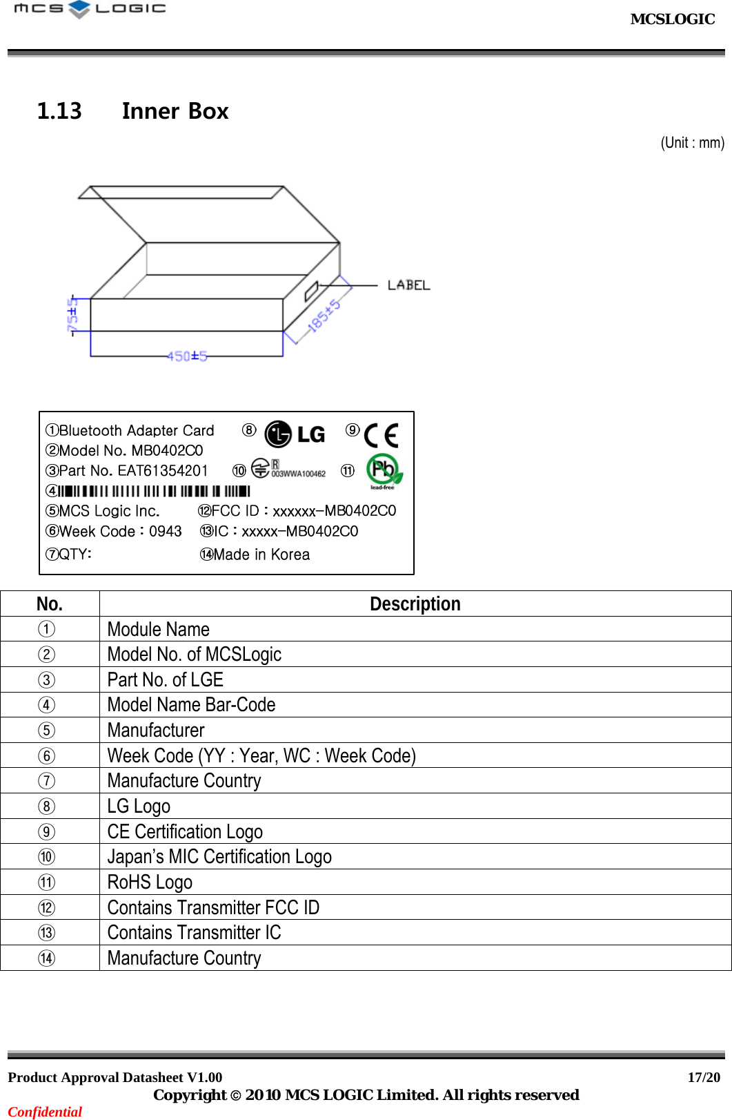                                                           MCSLOGIC                                                                                     Product Approval Datasheet V1.00                                                                  17/20 Copyright © 2010 MCS LOGIC Limited. All rights reserved Confidential 1.13 Inner Box (Unit : mm)    No. Description ①  Module Name ②  Model No. of MCSLogic ③  Part No. of LGE ④  Model Name Bar-Code ⑤  Manufacturer ⑥  Week Code (YY : Year, WC : Week Code) ⑦  Manufacture Country ⑧  LG Logo ⑨  CE Certification Logo ⑩  Japan’s MIC Certification Logo ⑪  RoHS Logo ⑫  Contains Transmitter FCC ID ⑬  Contains Transmitter IC ⑭  Manufacture Country 