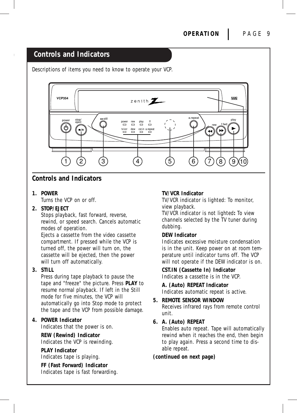 Controls and IndicatorsOPERATION PAGE 9Descriptions of items you need to know to operate your VCP.1. POWERTurns the VCP on or off.2. STOP/EJECTStops playback, fast forward, reverse,rewind, or speed search. Cancels automaticmodes of operation.Ejects a cassette from the video cassettecompartment. If pressed while the VCP isturned off, the power will turn on, the cassette will be ejected, then the powerwill turn off automatically.3. STILLPress during tape playback to pause thetape and &quot;freeze&quot; the picture. Press PLAY toresume normal playback. If left in the Stillmode for five minutes, the VCP will automatically go into Stop mode to protectthe tape and the VCP from possible damage.4. POWER IndicatorIndicates that the power is on.REW (Rewind) IndicatorIndicates the VCP is rewinding.PLAY IndicatorIndicates tape is playing.FF (Fast Forward) IndicatorIndicates tape is fast forwarding.TV/VCR IndicatorTV/VCR indicator is lighted: To monitor,view playback.TV/VCR indicator is not lighted:To viewchannels selected by the TV tuner duringdubbing.DEW IndicatorIndicates excessive moisture condensationis in the unit. Keep power on at room tem-perature until indicator turns off. The VCPwill not operate if the DEW indicator is on.CST.IN (Cassette In) IndicatorIndicates a cassette is in the VCP.A. (Auto) REPEAT IndicatorIndicates automatic repeat is active.5. REMOTE SENSOR WINDOW Receives infrared rays from remote controlunit.6. A. (Auto) REPEATEnables auto repeat. Tape will automaticallyrewind when it reaches the end, then beginto play again. Press a second time to dis-able repeat.(continued on next page) Controls and Indicators1 2 3 4 5 6 7 8 9 10power stop/eject still playrew f fwdpower rewdewplay f fcst.in a.repeata.repeattv/vcrVCP354